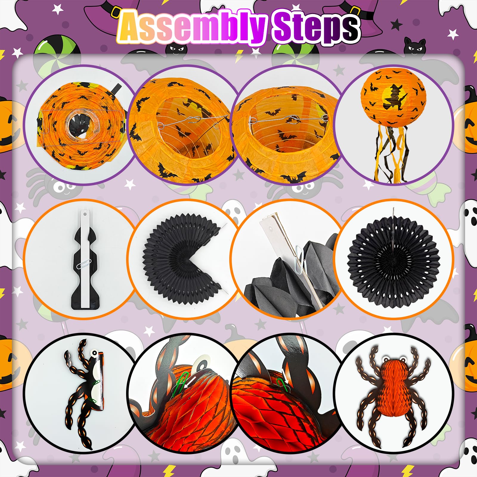 Halloween Classic Party Decoration Set – 10-Piece Paper Lantern & Hanging Décor Kit with LED Bulbs (Pumpkin, Skeleton, Bat, Witch & Spider Designs)