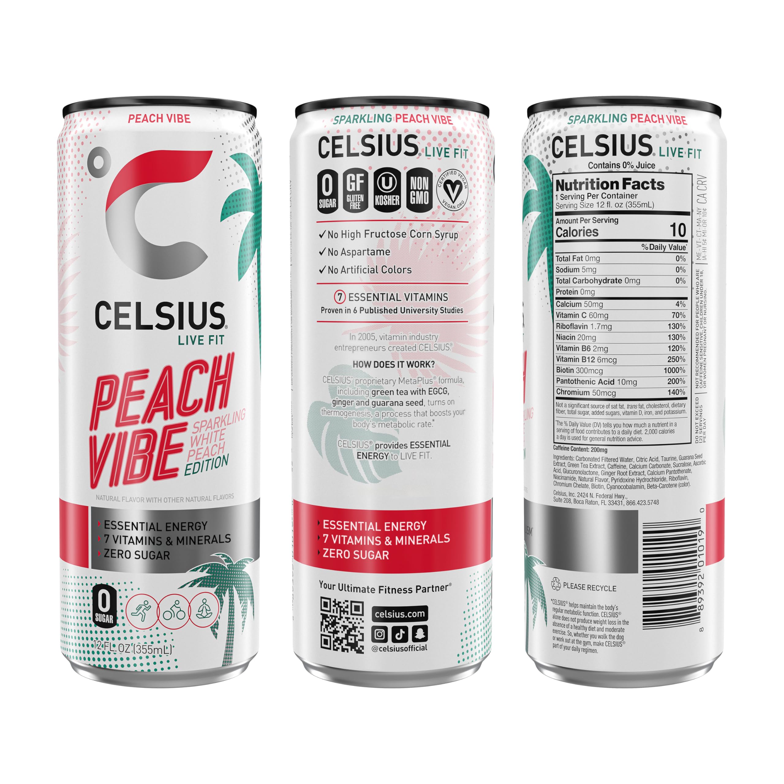 CELSIUS Sparkling Peach Vibe Energy Drink, Sugar-Free with 200mg Caffeine & Essential Vitamins – Tropical Fitness Energy, 12 Pack