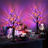 Set of 2 Black Halloween Trees – 24” Light-Up Tabletop Decor with 24 Orange & Purple LED Lights
