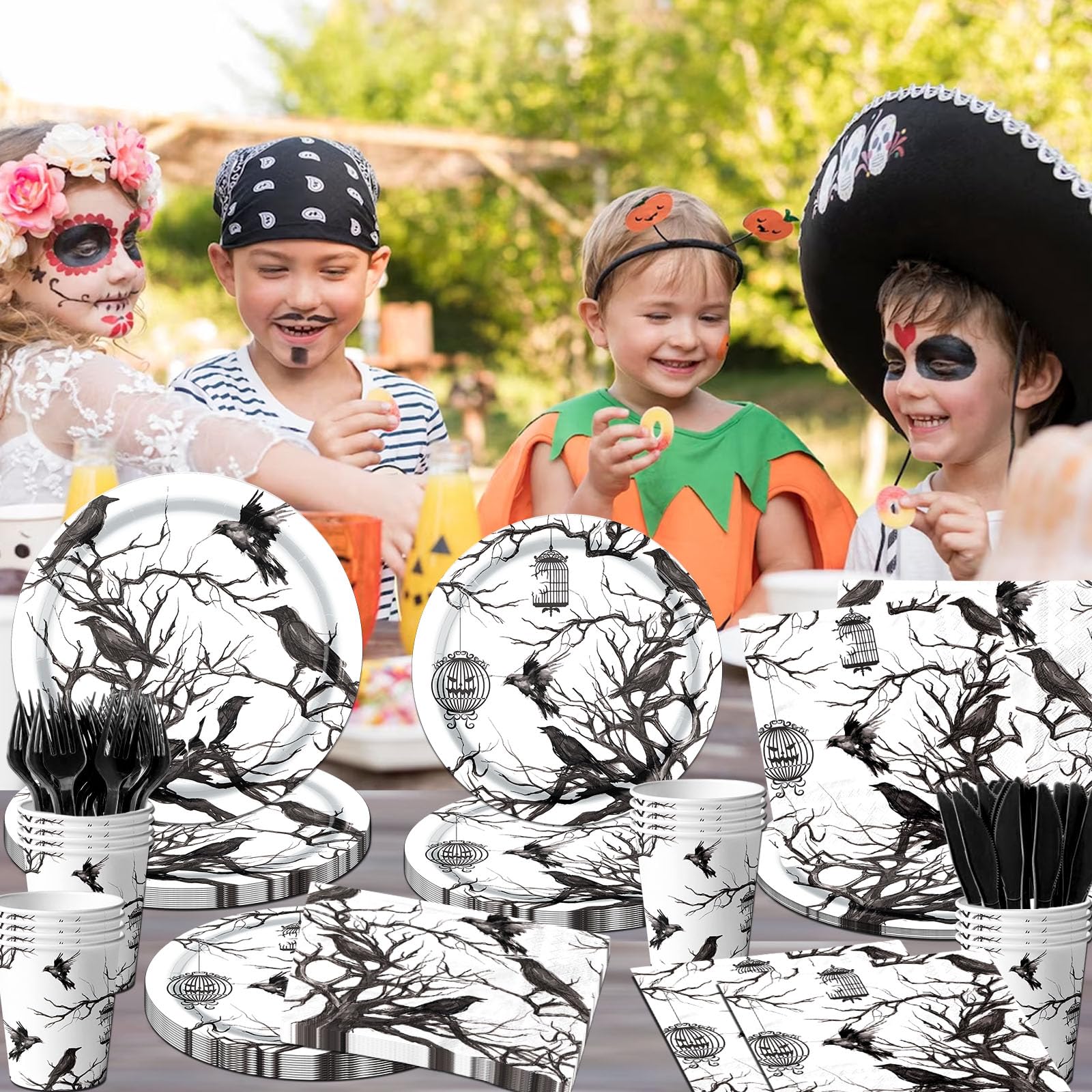 Halloween Crows Party Supplies – 144 Pcs Black & White Plates, Cups, Napkins & Cutlery Set for 24 Guests