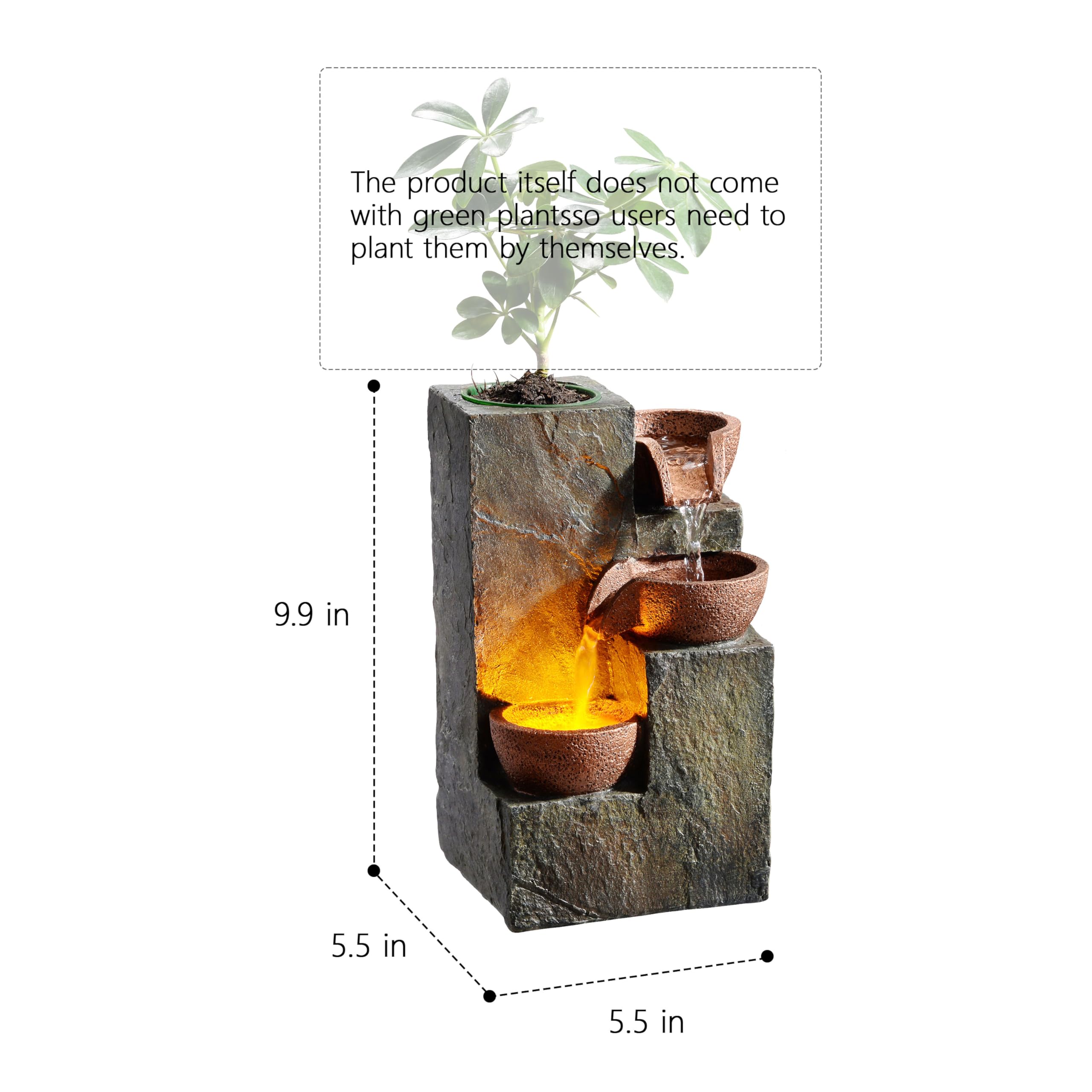Three-Bowl Rock Tabletop Water Fountain with DIY Planter Basin & Warm LED Light (3-Bowl Rock)