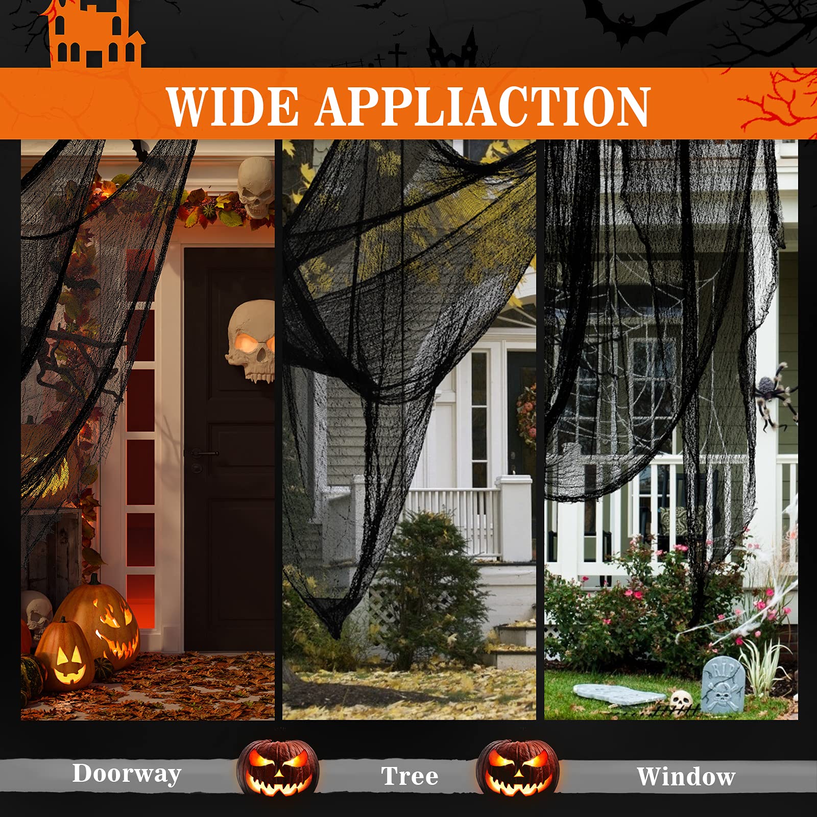 Black Creepy Cloth Halloween Decoration – Stretchy Cotton Haunted House Fabric for Indoor & Outdoor Spooky Décor