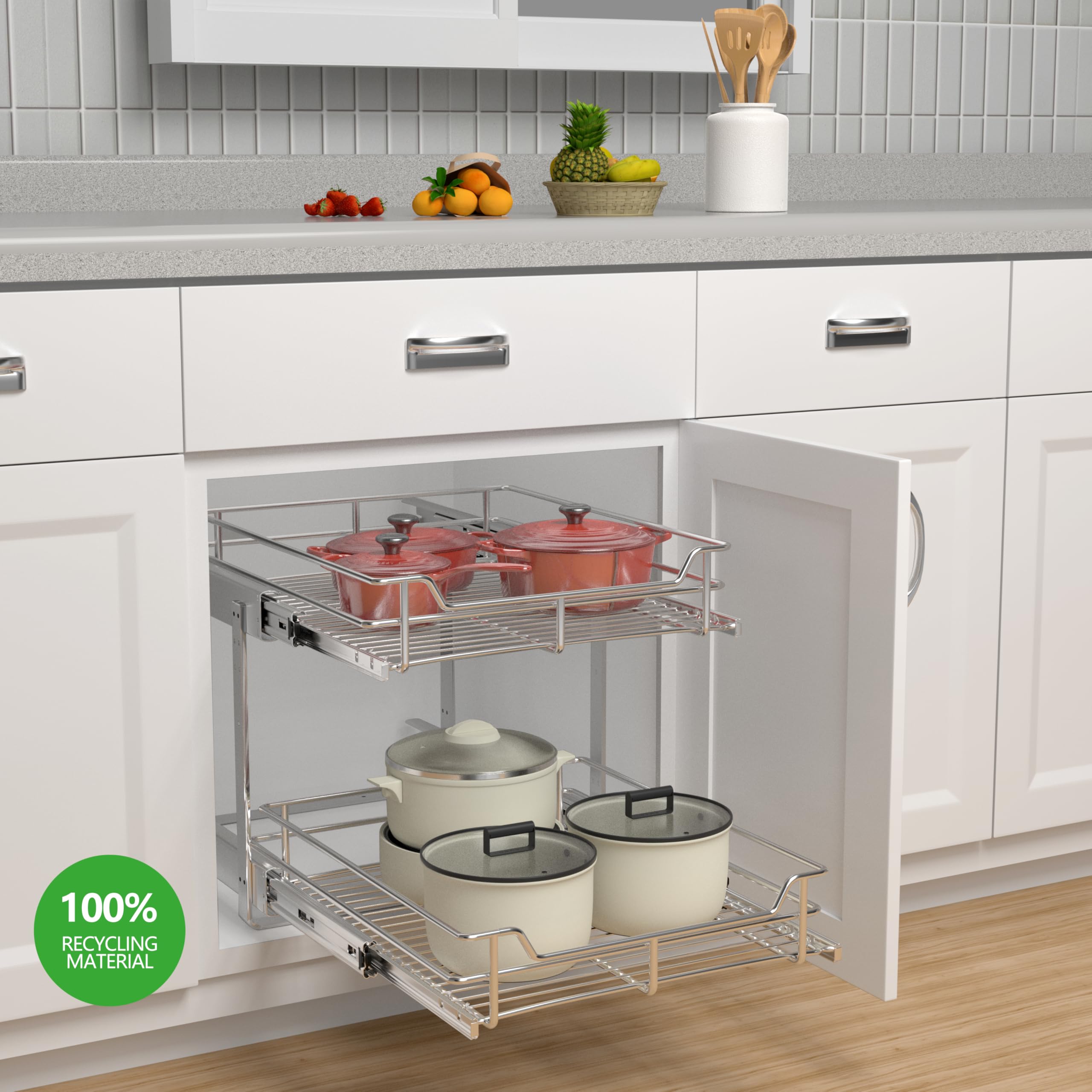 Jowboow 2-Tier Metal Pull-Out Cabinet Shelves – Adjustable Heavy-Duty Slide-Out Organizer for Deep Cabinets