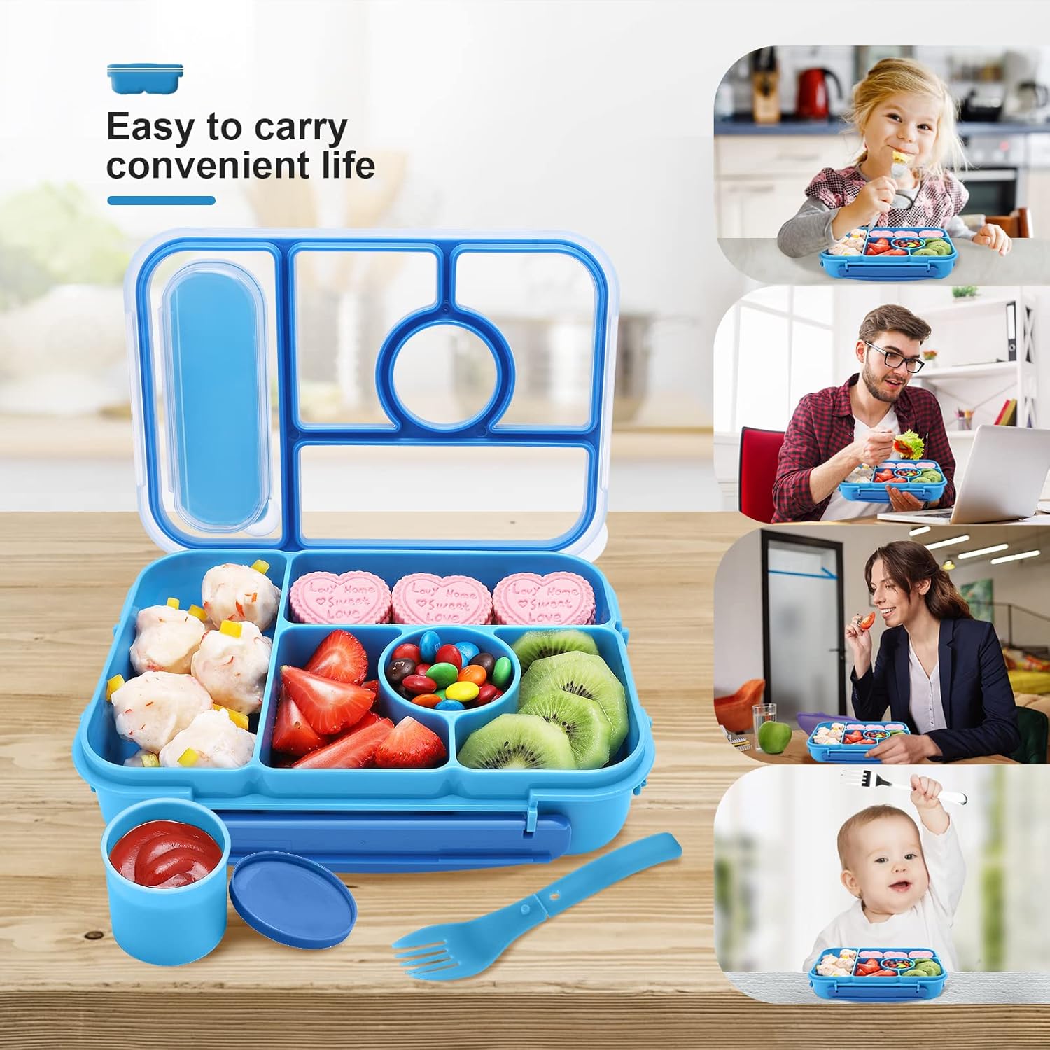 Blue 5-Compartment Bento Box with Sauce Container