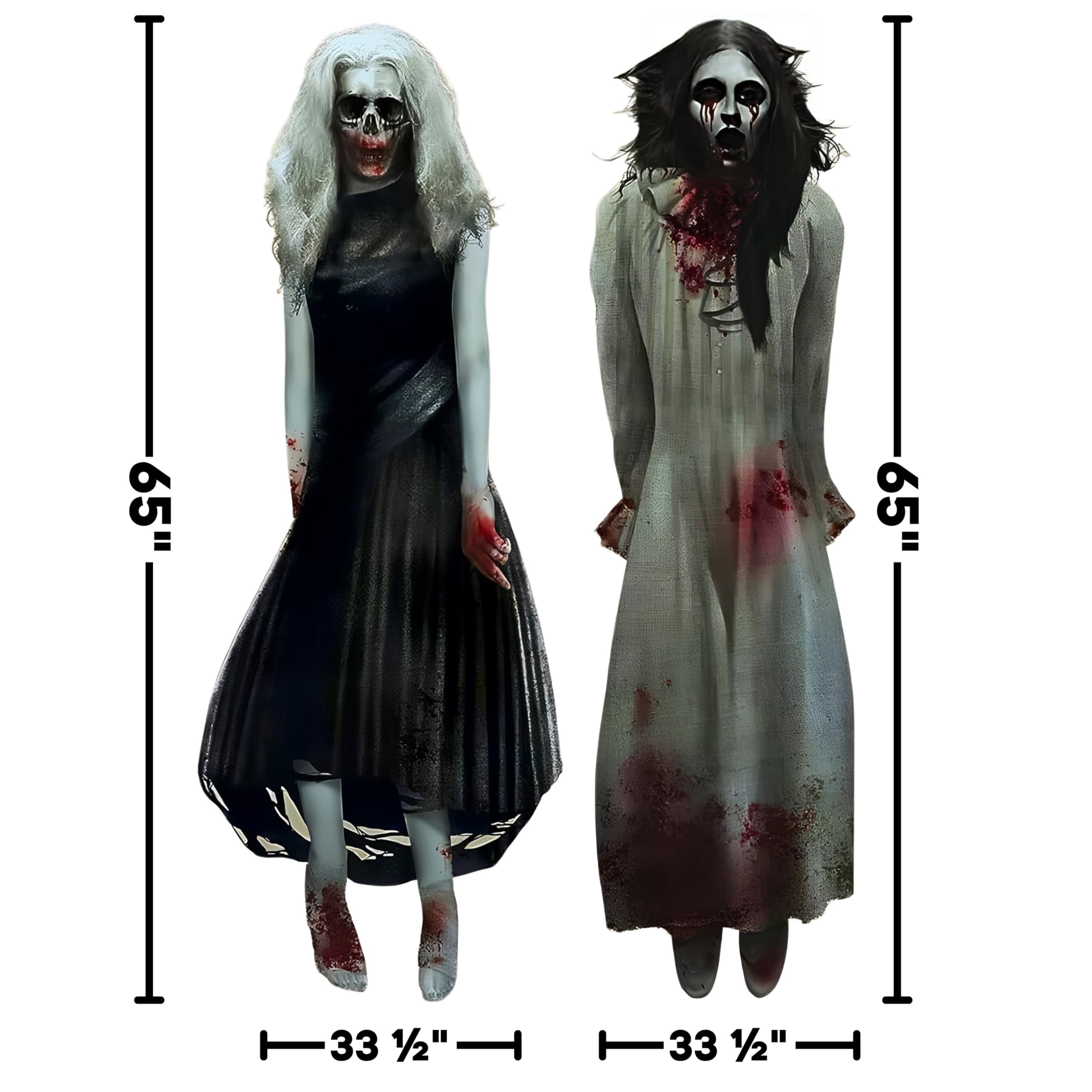 Haunting Ghost Girls Scene Setters – 2 Life-Size Plastic Wall Decorations for Spooky Halloween Parties (65"x33.5", 50 Pcs, Satin Greige)
