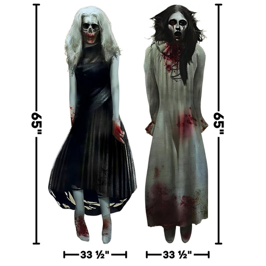 Haunting Ghost Girls Scene Setters – 2 Life-Size Plastic Wall Decorations for Spooky Halloween Parties (65"x33.5", 50 Pcs, Satin Greige)