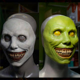 Smiling Demon Latex Mask – Grey Horror Full Face Halloween Mask with Adjustable Strap & Big Eye Design