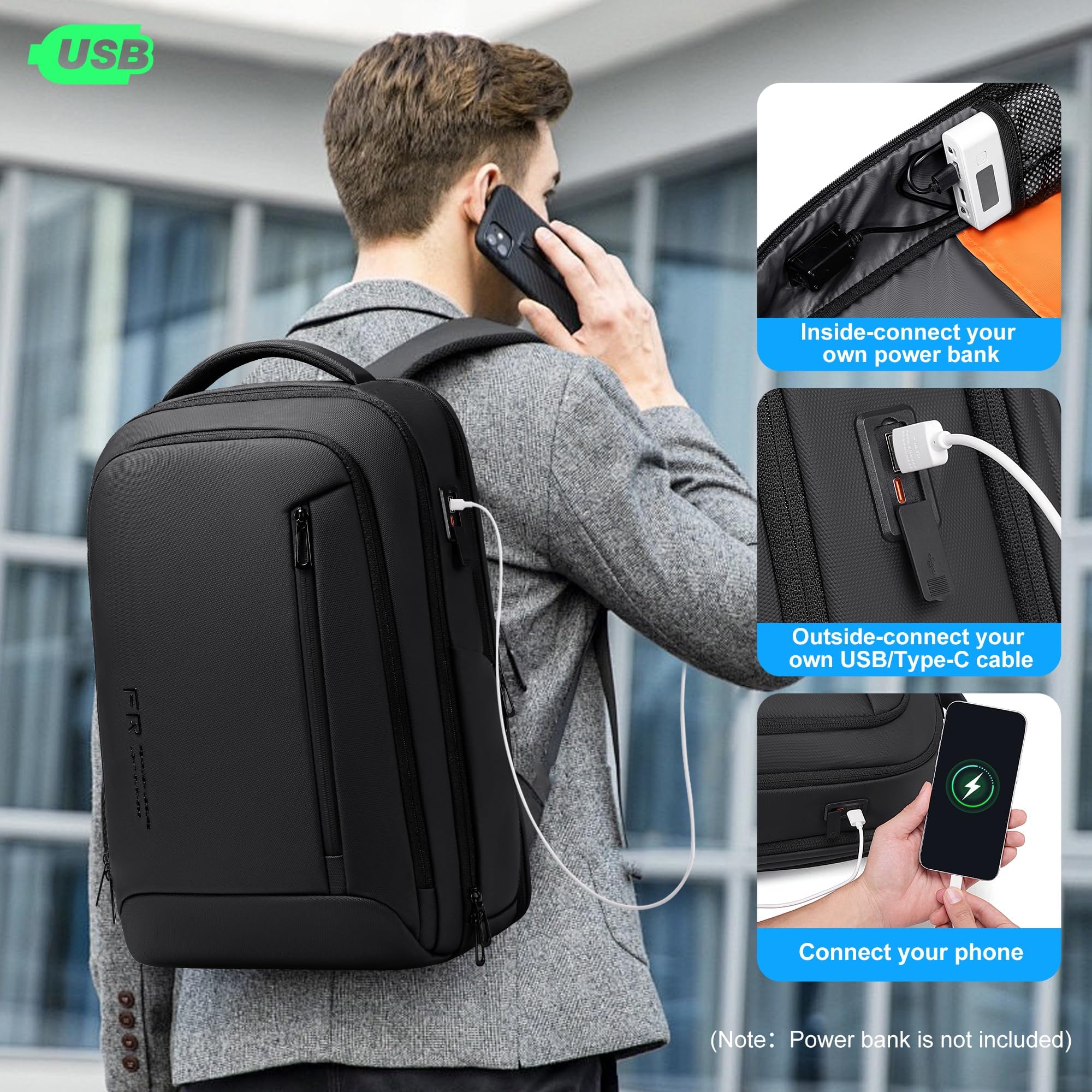 FENREE.GEER Business Laptop Backpack for Men – Water-Resistant Tech Backpack with USB Charging Port, Fits 17” Laptops (Black)