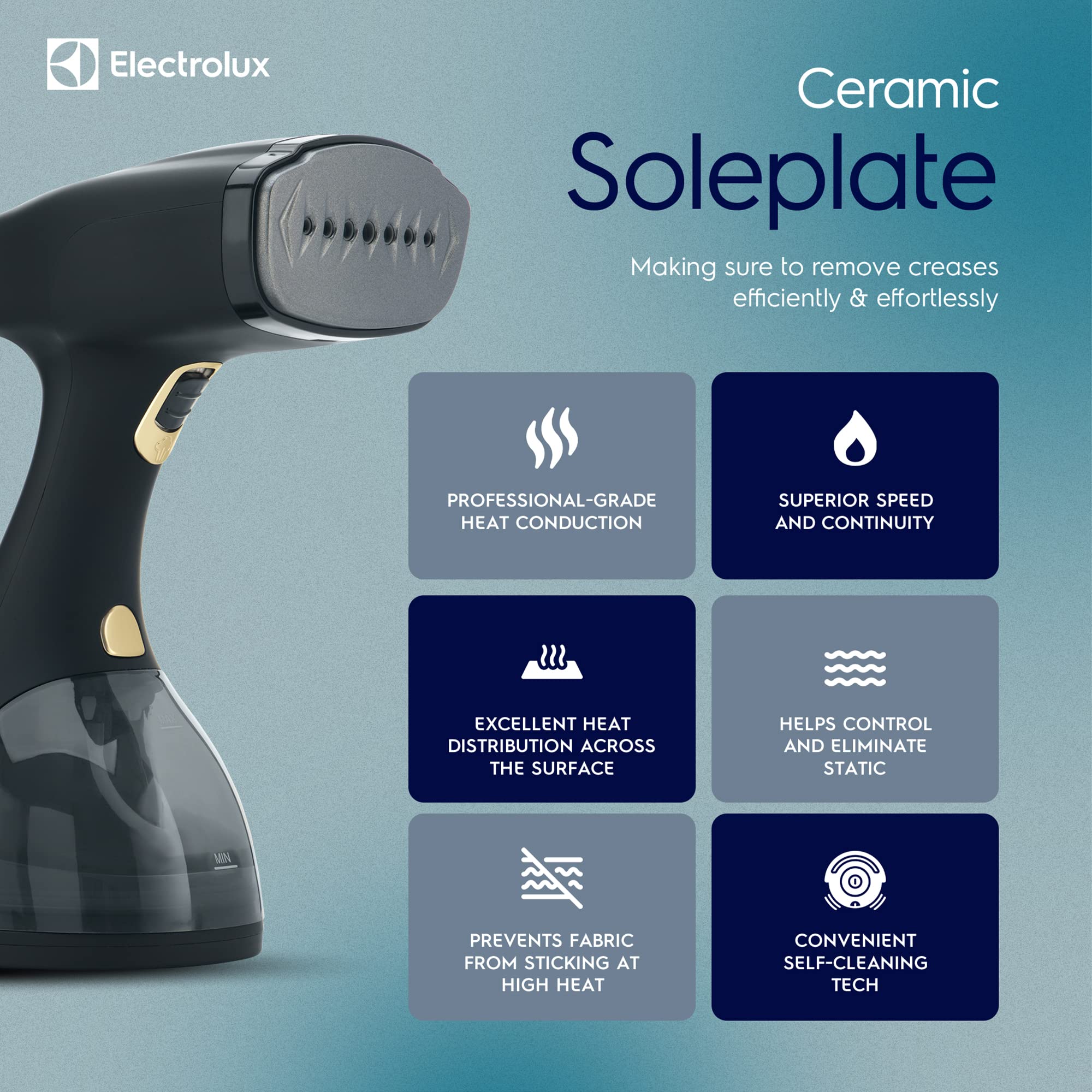 Electrolux Black Professional Handheld Garment Steamer with Ceramic Soleplate and Advanced Leak-Proof Steam Technology