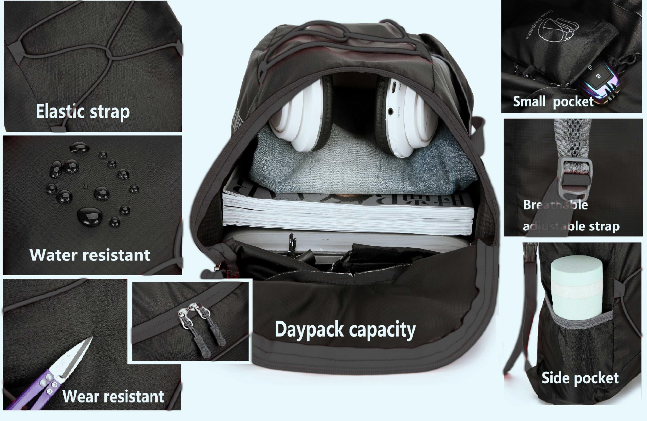 LEVAYHILL 16L Ultra-Compact Foldable Backpack & Bucket Hat 2-in-1 Lightweight Travel Set – Black