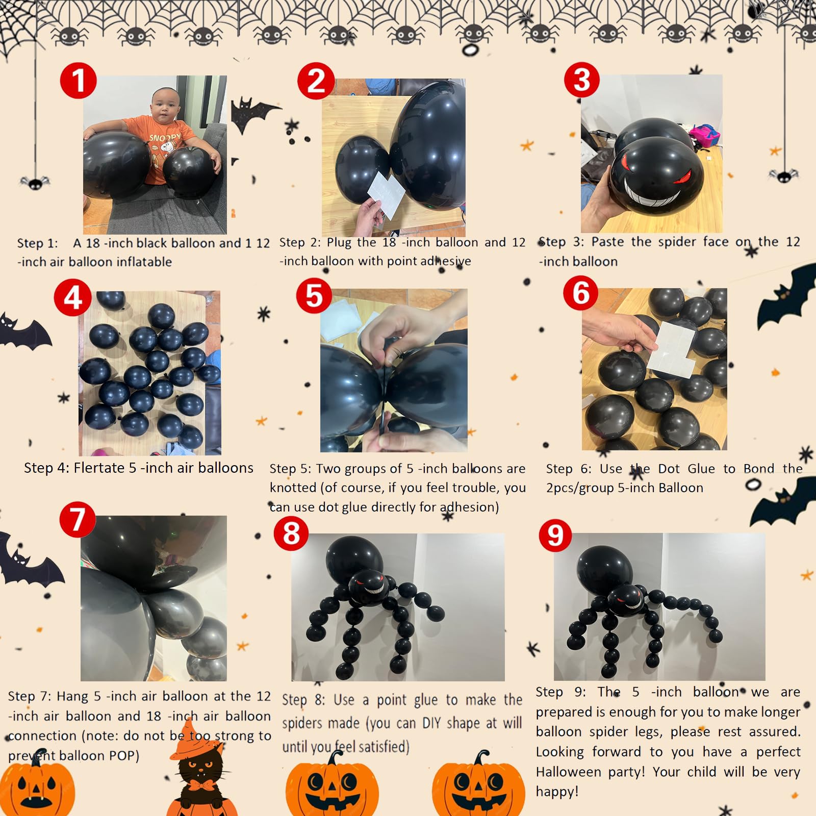 Halloween Balloon Garland Kit – 135pcs Black, Orange, Gray Balloons with Foil Bats, Cat Moon & Accessories