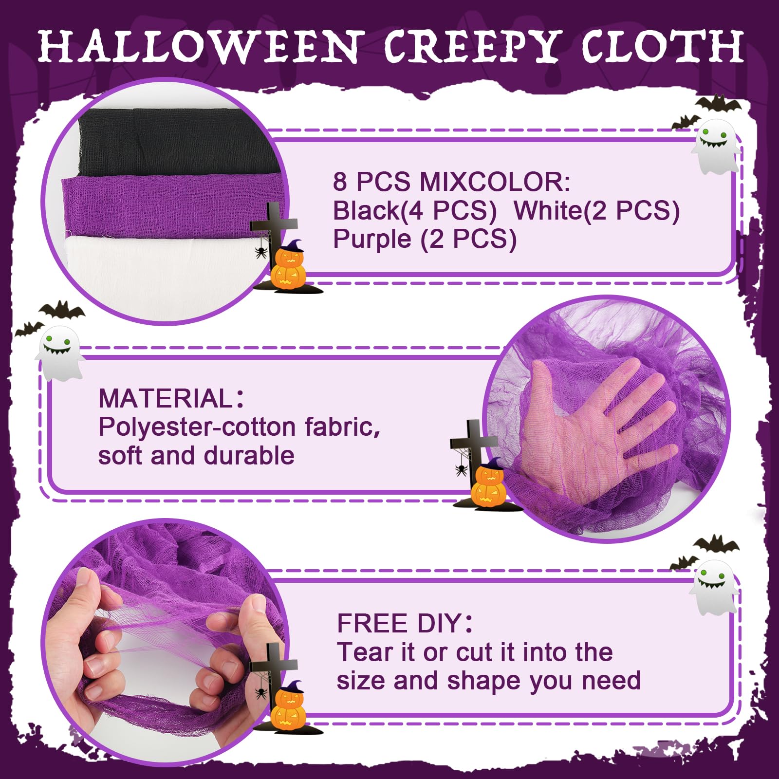 Halloween Creepy Cloth Set – 8 Pack Stretchable Gauze Fabric in Black, White & Purple for DIY Haunted Decorations (30x70 Inches Each)