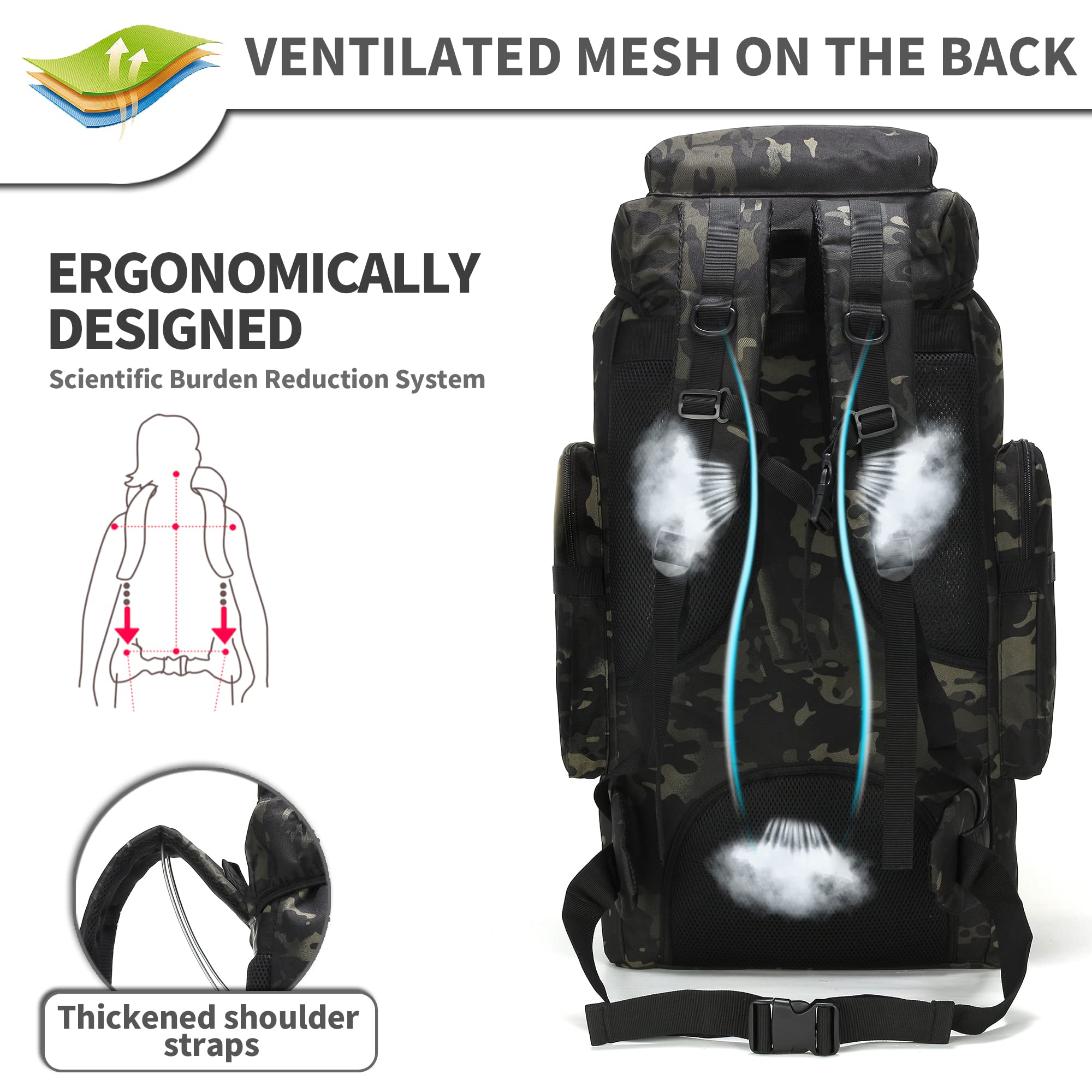 70L Tactical Camping & Hiking Backpack – Large-Capacity Water-Repellent Outdoor Pack with Breathable Support (Black)