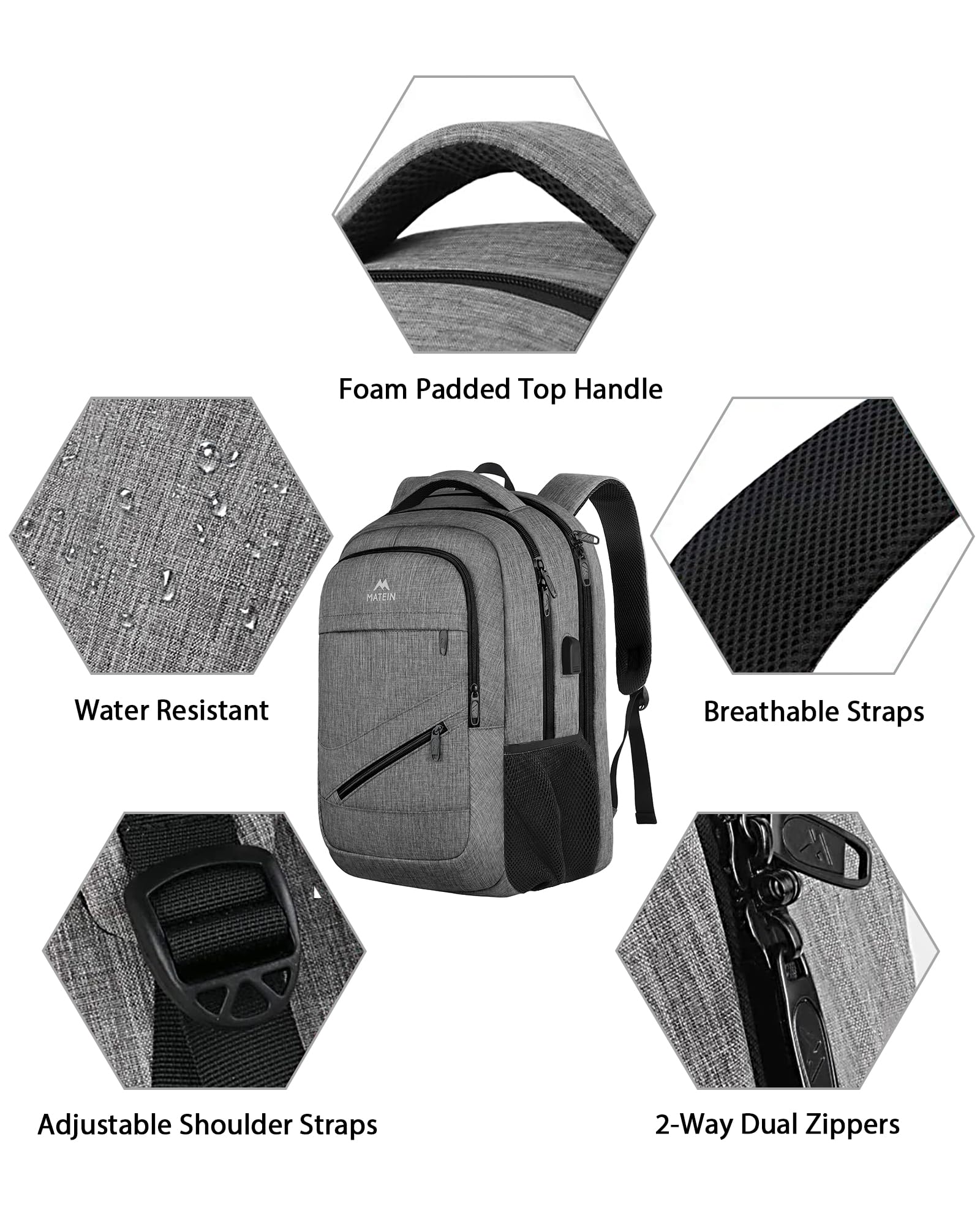 Matein 17″ TSA-Approved Travel Laptop Backpack – Large Carry-On with USB Charging & Trolley Sleeve (Grey)