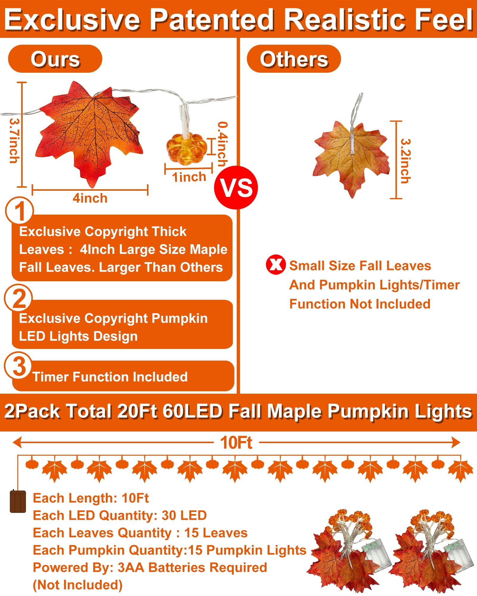 Maple Leaf & Pumpkin Fall Garland Lights – 20FT 60 LED Battery Operated with Timer (2-Pack, Warm White, Indoor/Outdoor)