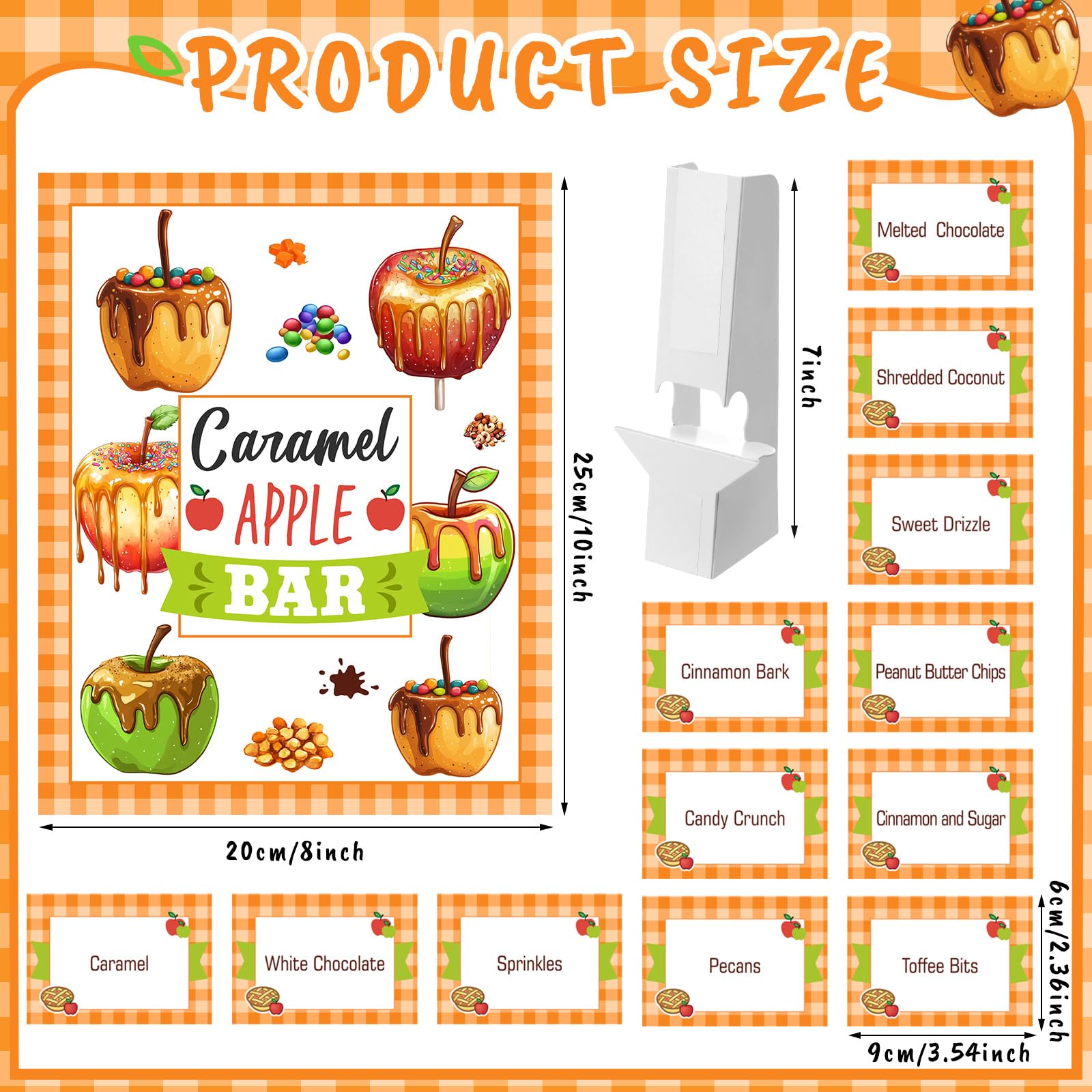 Caramel Apple Bar Decoration Kit – 14-Piece Fall Dessert Table Set with Standee & 12 Tent Cards (Orange Plaid Design)