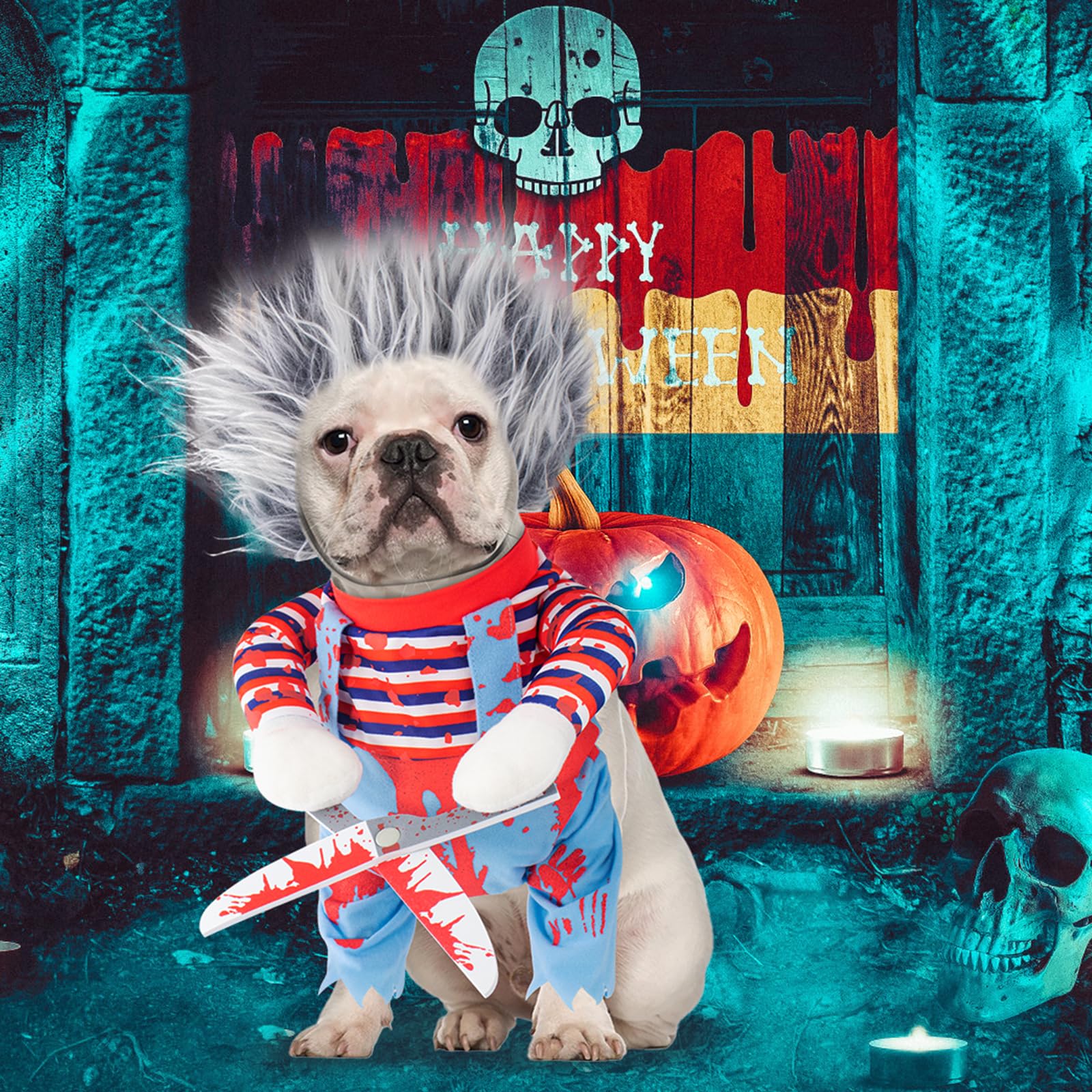 Funny Killer Dog Halloween Costume – Blue Scary Doll Outfit with Bloody Scissors & Wig