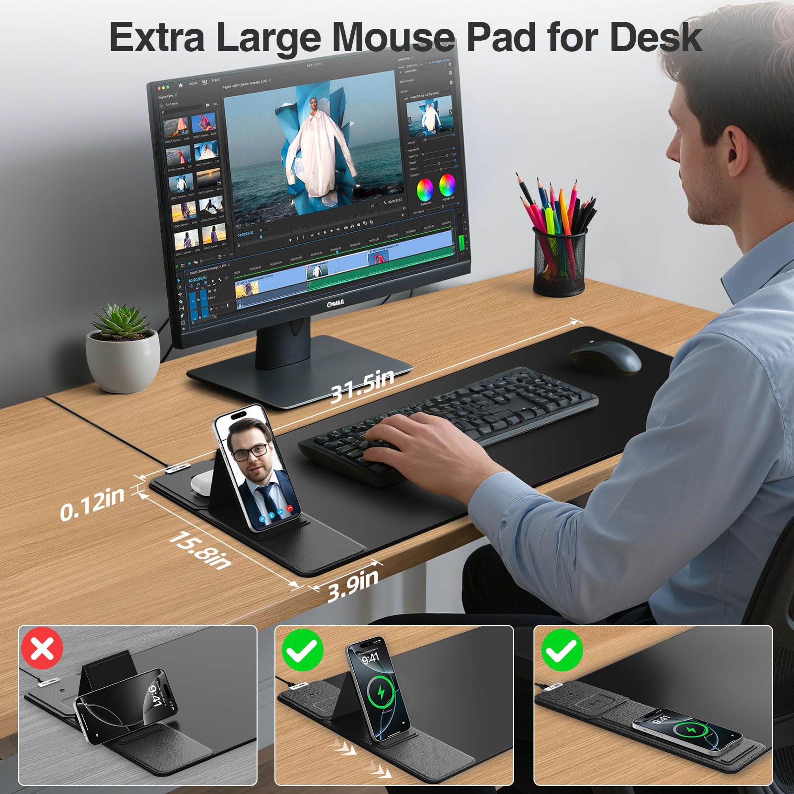 Wireless Charging Mouse Pad 31.5×15.8 Large Desk Mat with 15W Fast Qi Charging Foldable Phone Holder Waterproof Gaming & Office Desk Pad – Black