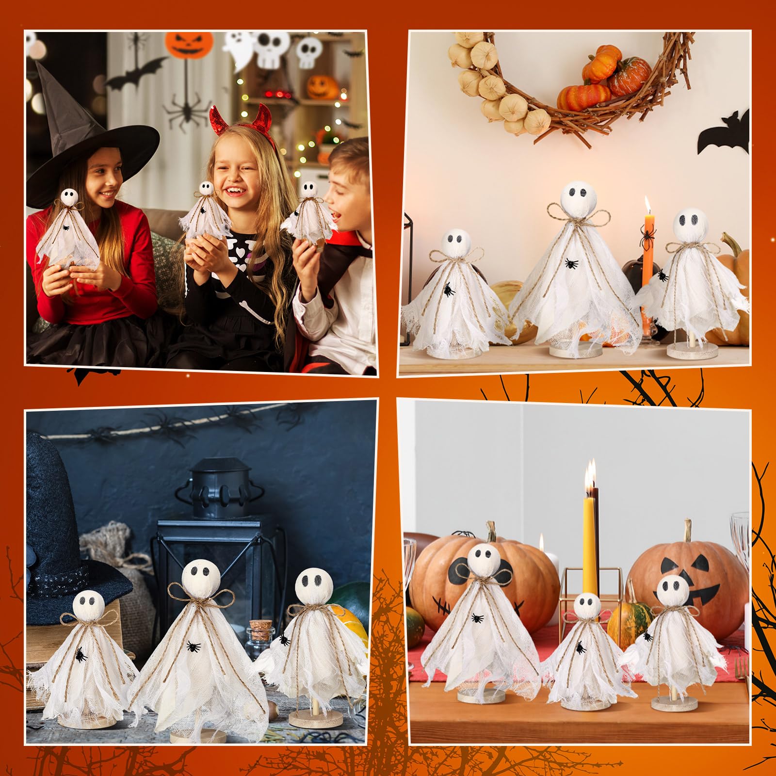 Set of 3 Wooden Ghost Shelf Sitters – Rustic Halloween Fabric Ghost Decorations for Table, Mantel & Tiered Tray
