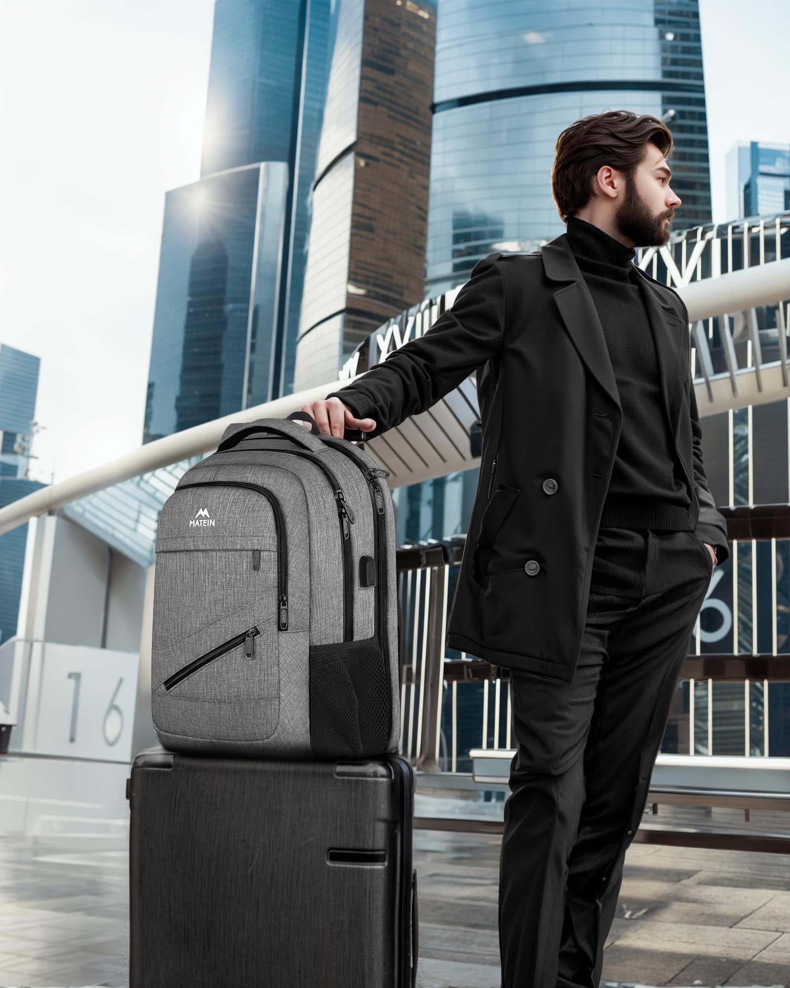 Matein 17″ TSA-Approved Travel Laptop Backpack – Large Carry-On with USB Charging & Trolley Sleeve (Grey)