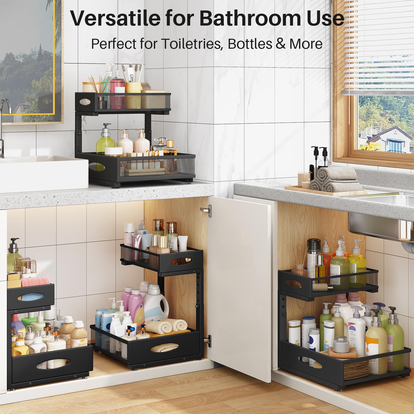 Extra-Large 2-Tier Under Sink Organizer (2-Pack) – Heavy-Duty Mesh Pull-Out Drawers for Framed & Frameless Cabinets, Black