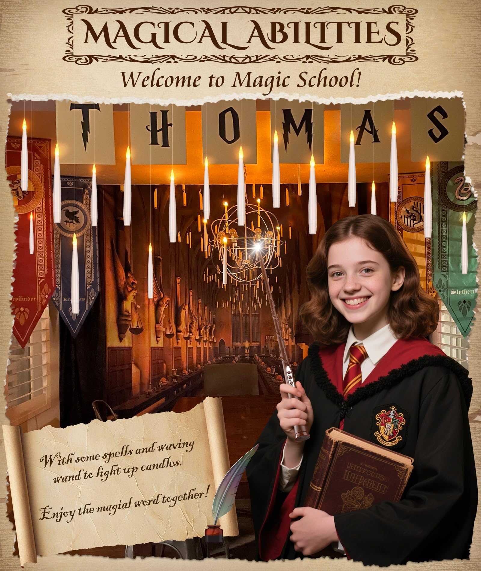 Floating Halloween Candles with Remote Wand – 6" Battery Operated LED Hanging Candles, Flickering Light Set (White)