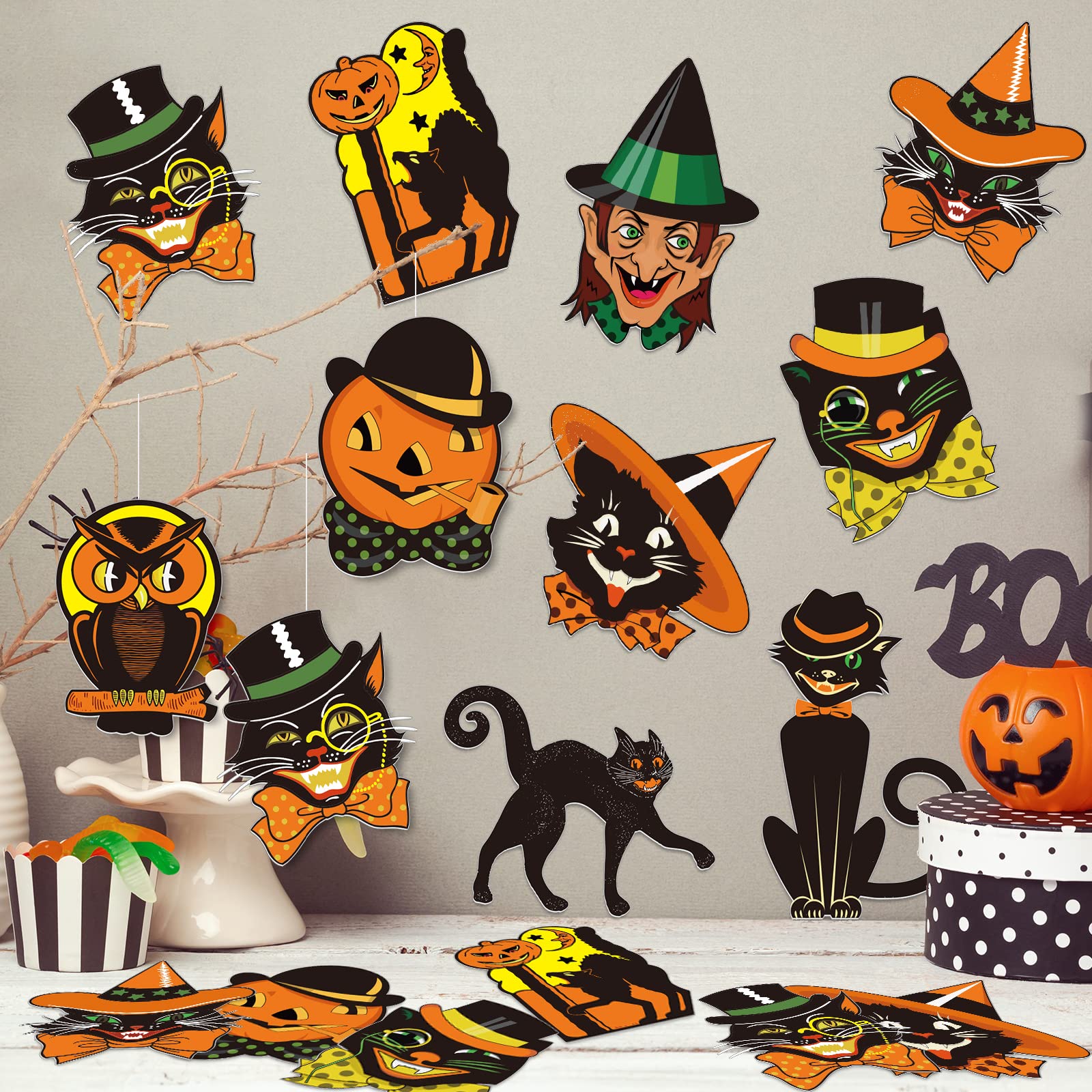 Vintage Halloween Cutouts Set – 40 Retro Paper Decorations with Black Cats, Witches & Owls for Party Decor