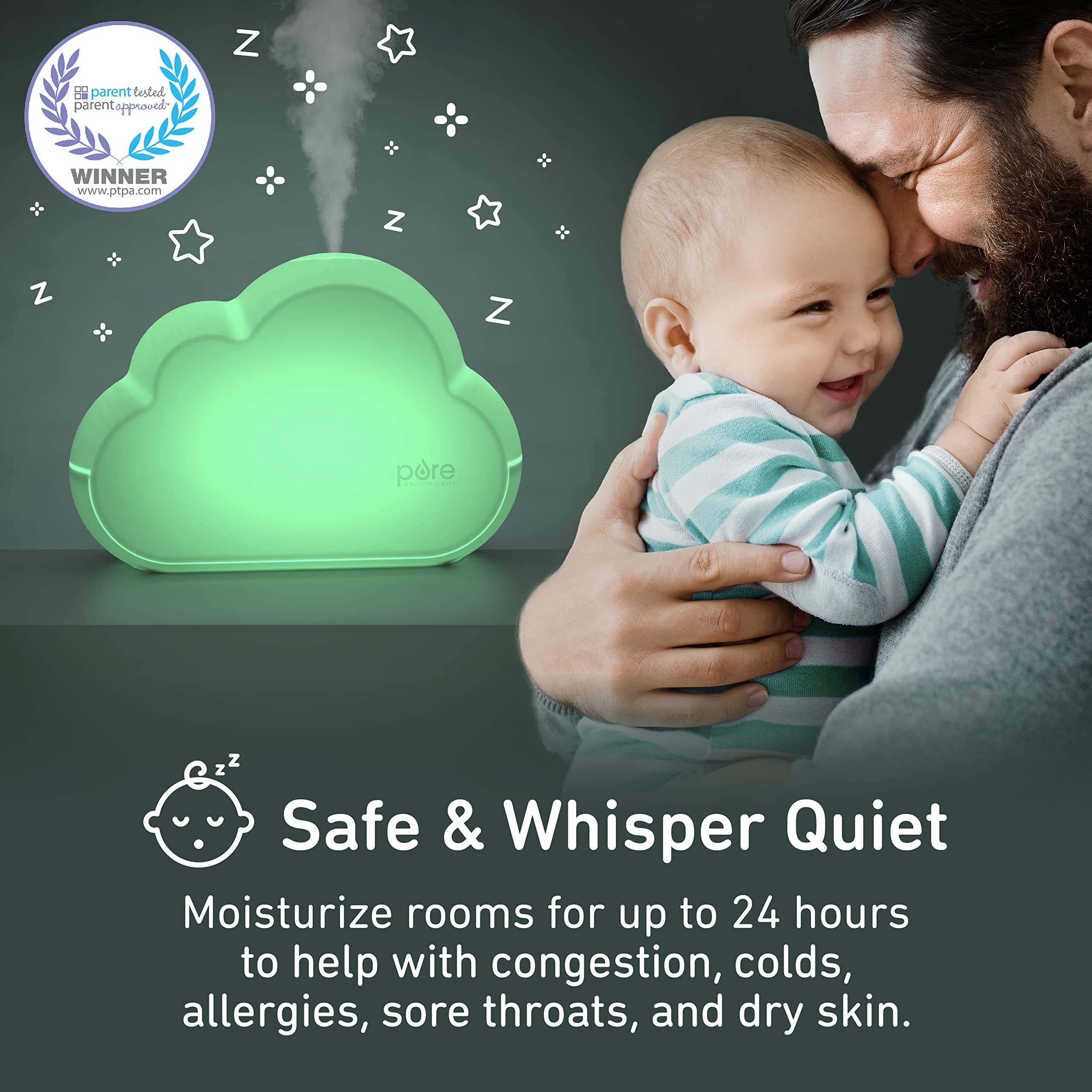 PureBaby Cloud Cool Mist Humidifier with Night Light – 1.8L Ultrasonic Nursery Humidifier for Baby Room (24-Hour Moisture)