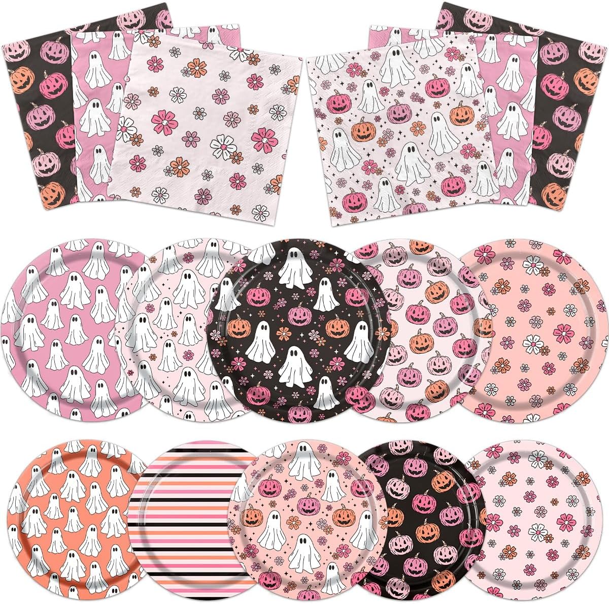 Pink & Black Halloween Party Plates Set – 60 Pcs Disposable Plates & Napkins with Pumpkin & Ghost Designs for Birthday & Baby Shower