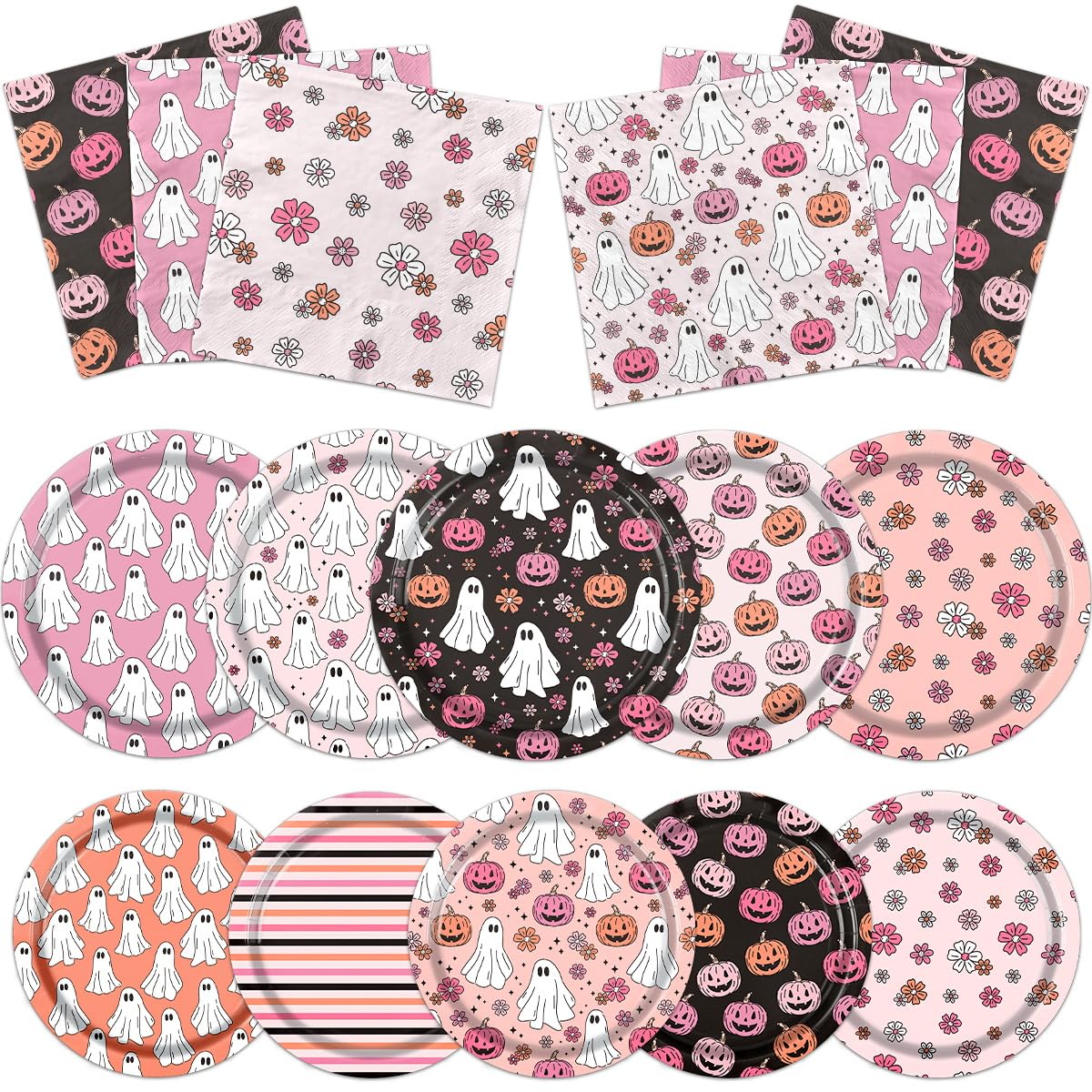 Pink & Black Halloween Party Plates Set – 60 Pcs Disposable Plates & Napkins with Pumpkin & Ghost Designs for Birthday & Baby Shower