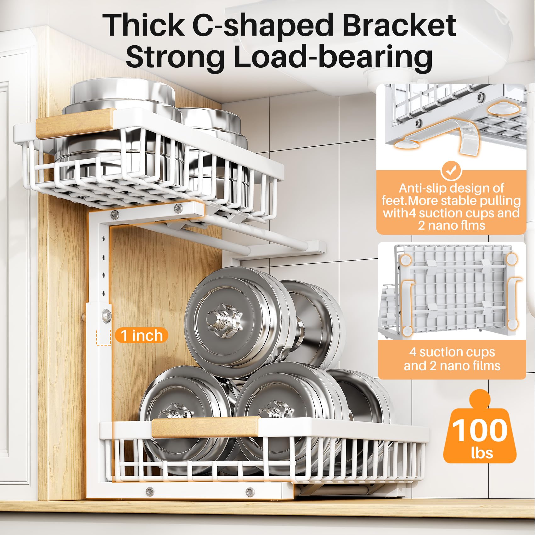 PXRACK Under Sink Organizer 2-Pack – Adjustable Height 2-Tier Pull-Out C-Shape Cabinet Storage for Kitchen & Bathroom