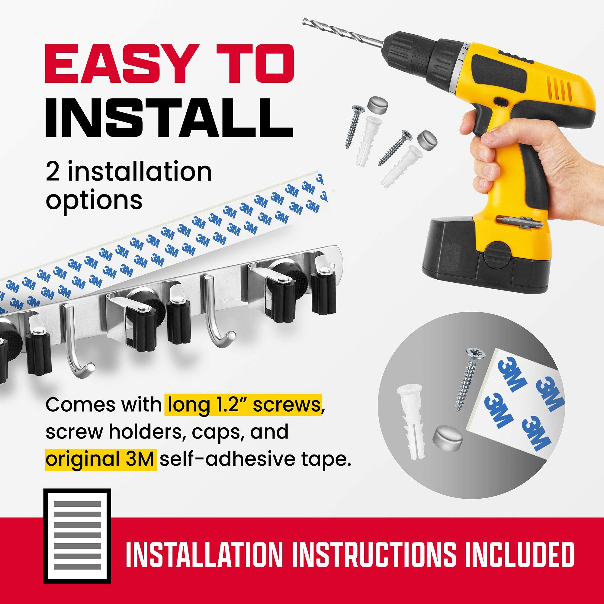 Effektivtools Self-Adhesive Mop & Broom Holder – Stainless Steel Wall Mount Organizer with 4 Clamps, 3 Hooks & Towel Clips (Clear)