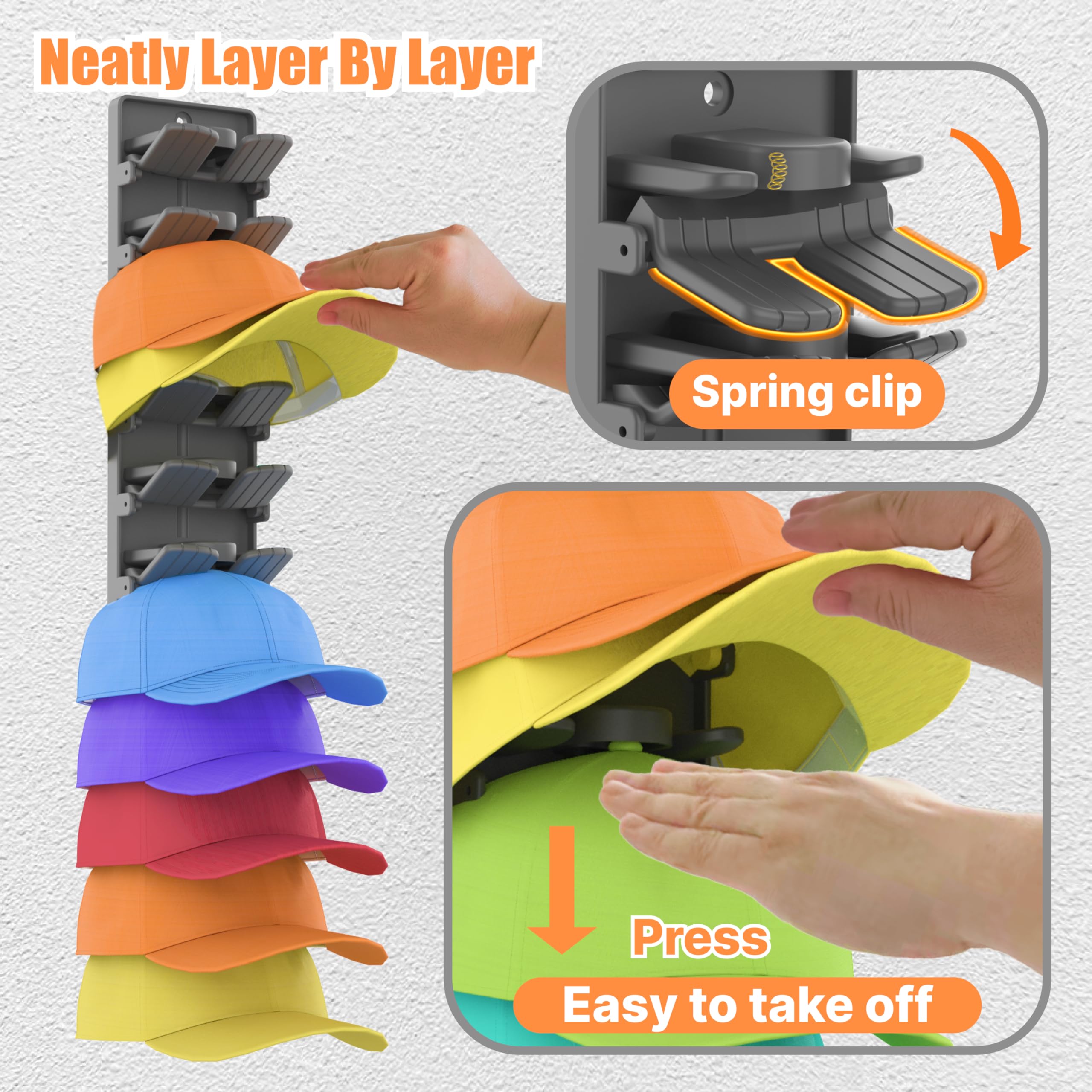 Wall-Mount Hat Organizer for Baseball Caps (2-Pack) – Spring-Clip Cap Rack with Adhesive or Screw Install, Matte Black