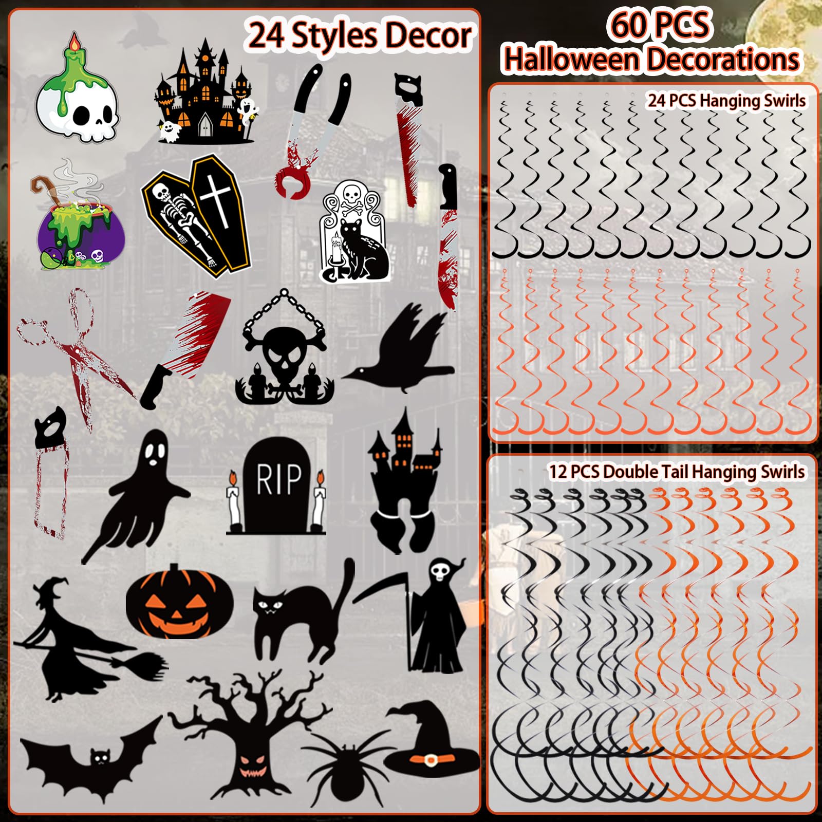 Halloween Hanging Swirl Decorations Set 🎃 – 60-Piece Indoor & Outdoor Party Kit with Ghosts, Bats & Pumpkins