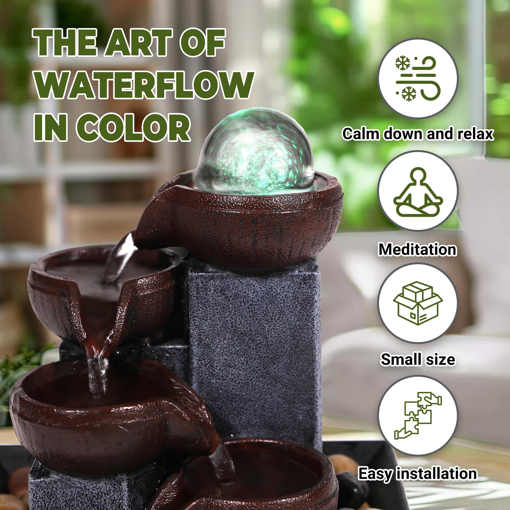 Rainbow LED Tabletop Waterfall Fountain with Crystal Ball – Indoor Zen Decor (Brown/Black)