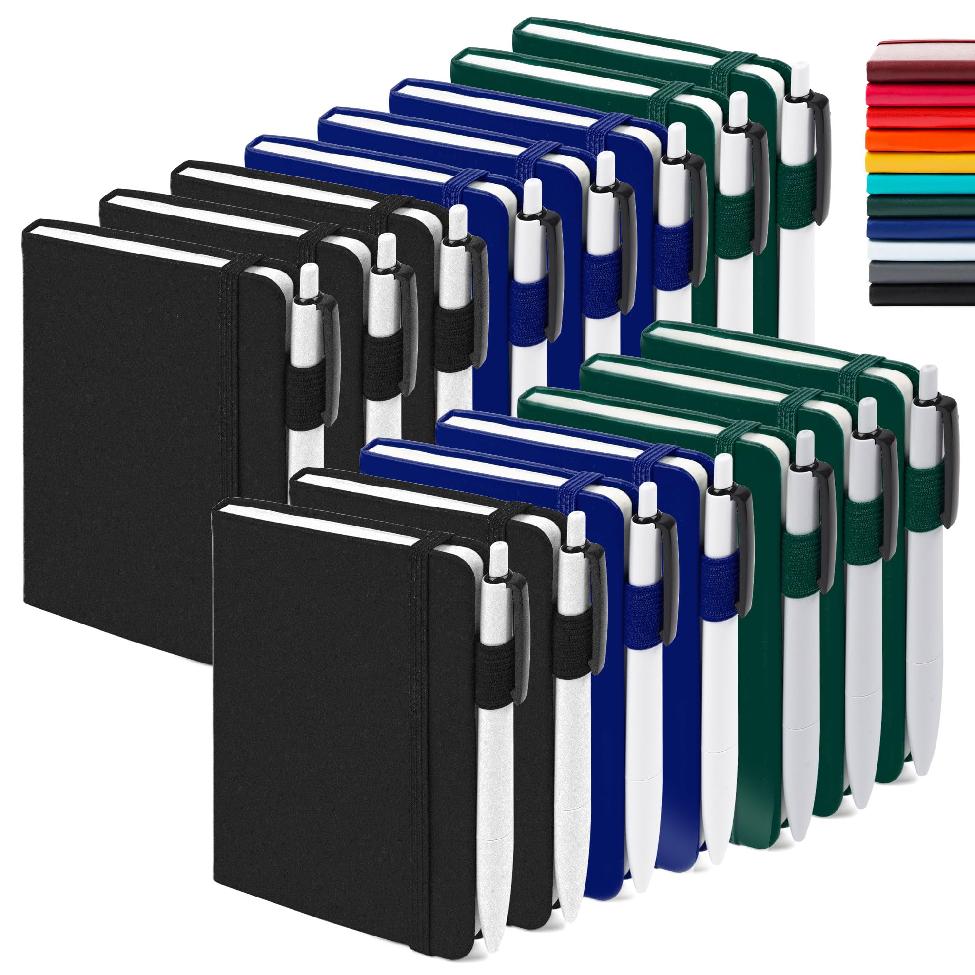 Feela A6 College Ruled Notebook Set – 15 Pocket Journals with 15 Black Retractable Pens (Black, Navy & Dark Green)