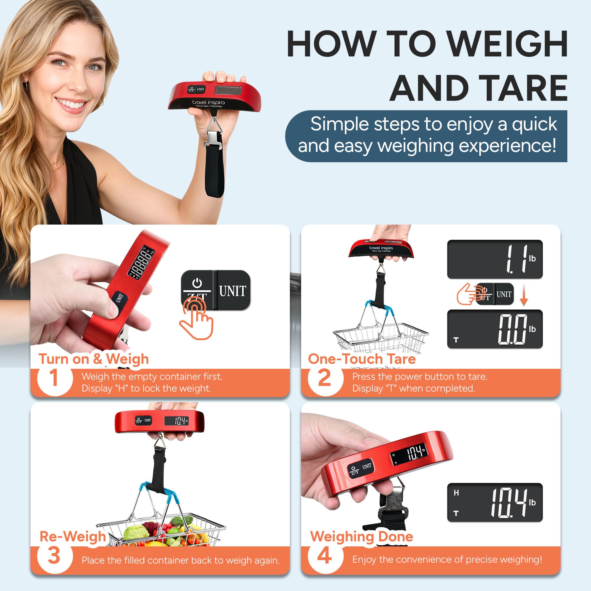 Portable Digital Luggage Scale 110lb – Travel Hanging Baggage Weight Scale with Backlit LCD Display