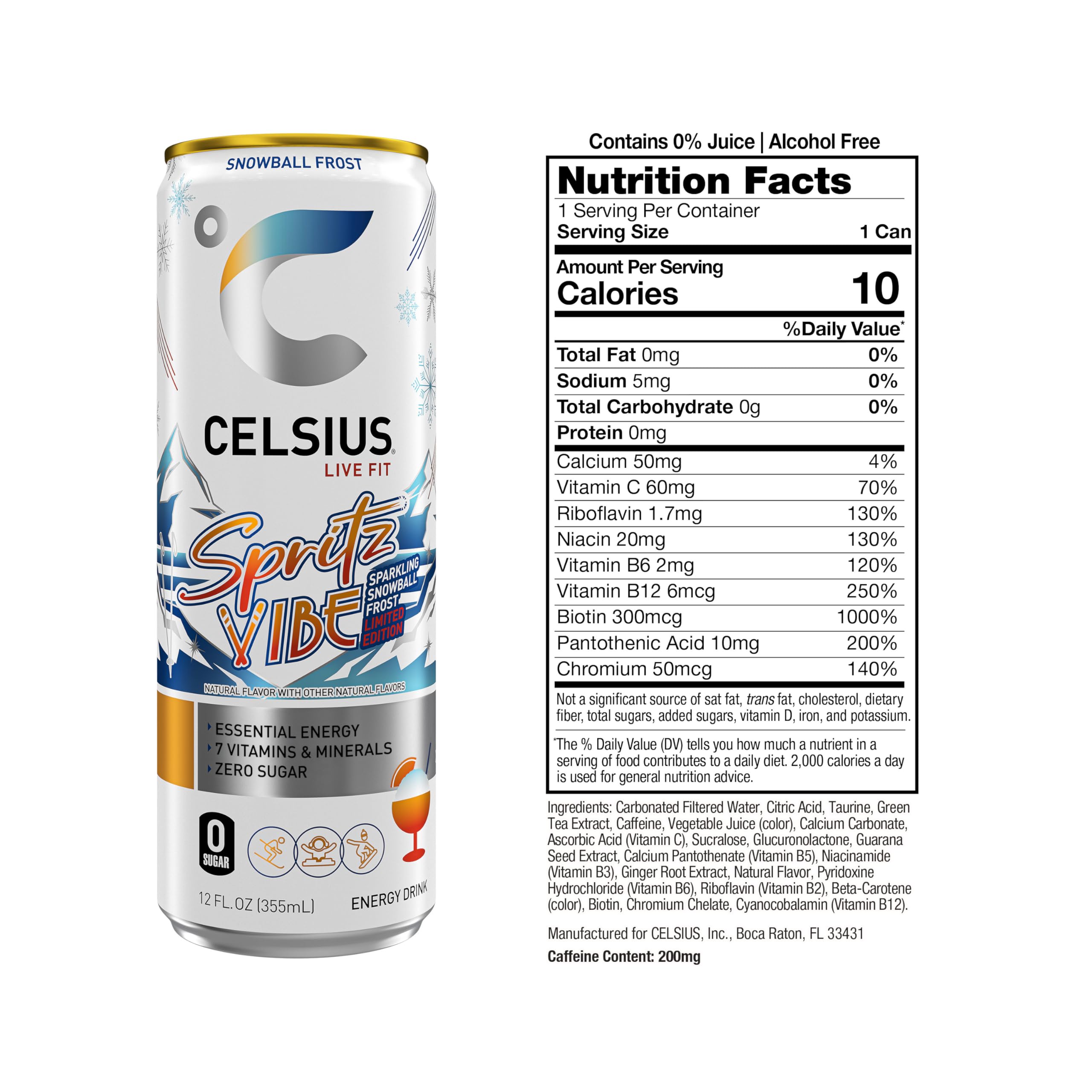 CELSIUS Sparkling Spritz Vibe Limited Edition Energy Drink, Sugar-Free with 200mg Caffeine & Essential Vitamins – 12 Pack, 12 fl oz