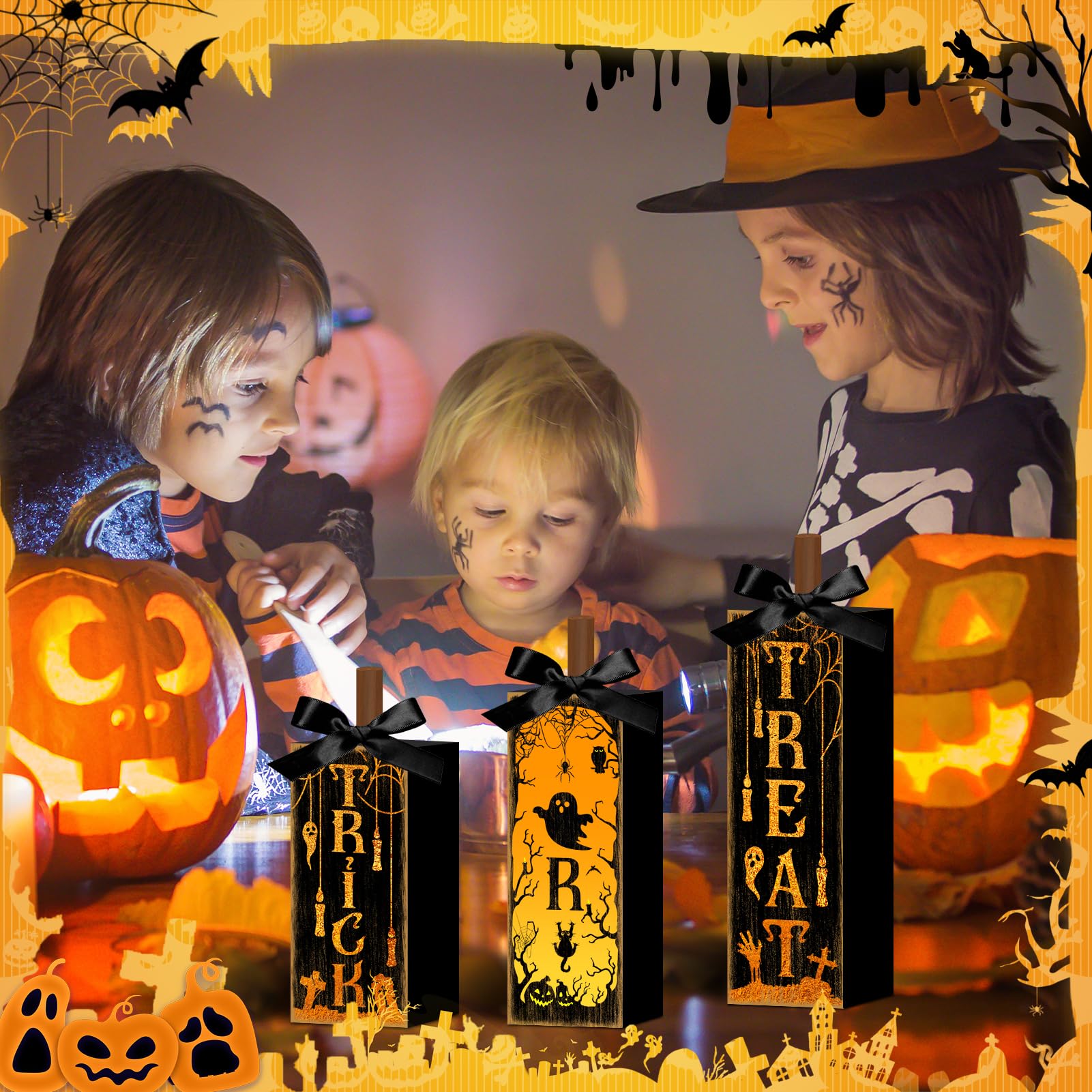 Trick or Treat Wooden Block Set – Halloween Table & Mantel Decor with Pumpkins, Ghosts & Bats
