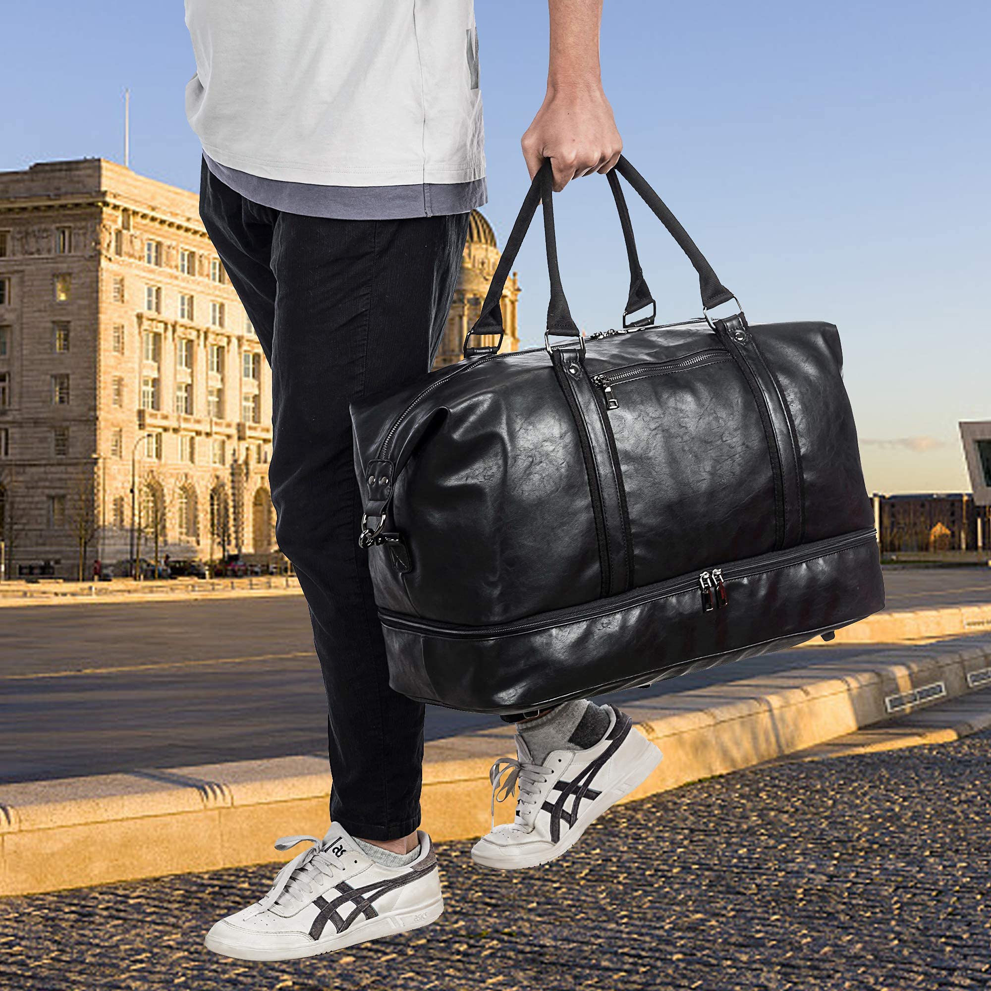 Leather Travel Duffel Bag with Shoe Compartment – Large Waterproof PU Weekender Carry-On Bag (Black)
