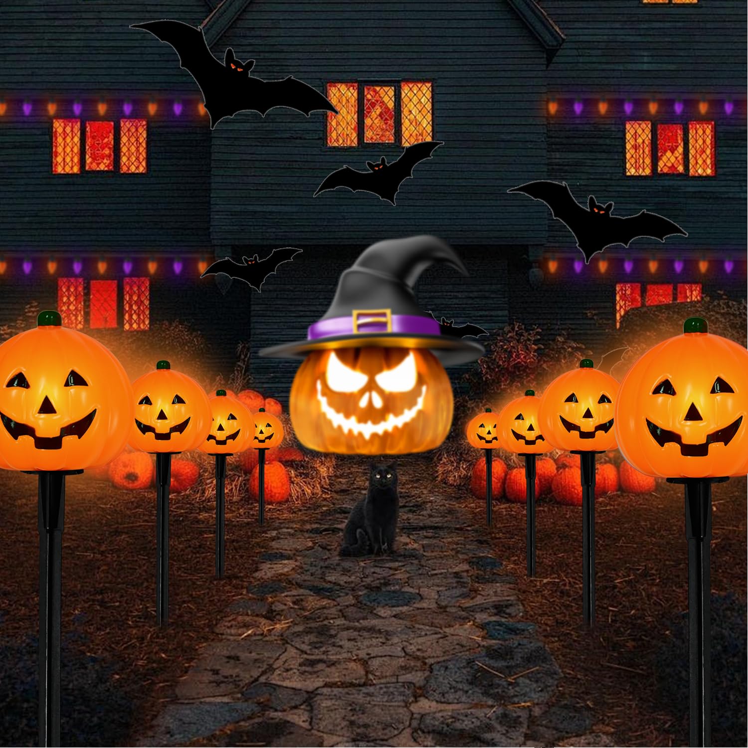 2025 LED Halloween Pumpkin Pathway Lights – 7FT Plug-In Jack-O’-Lantern Yard Stakes, UL Certified & IP44 Waterproof (4-Pack)