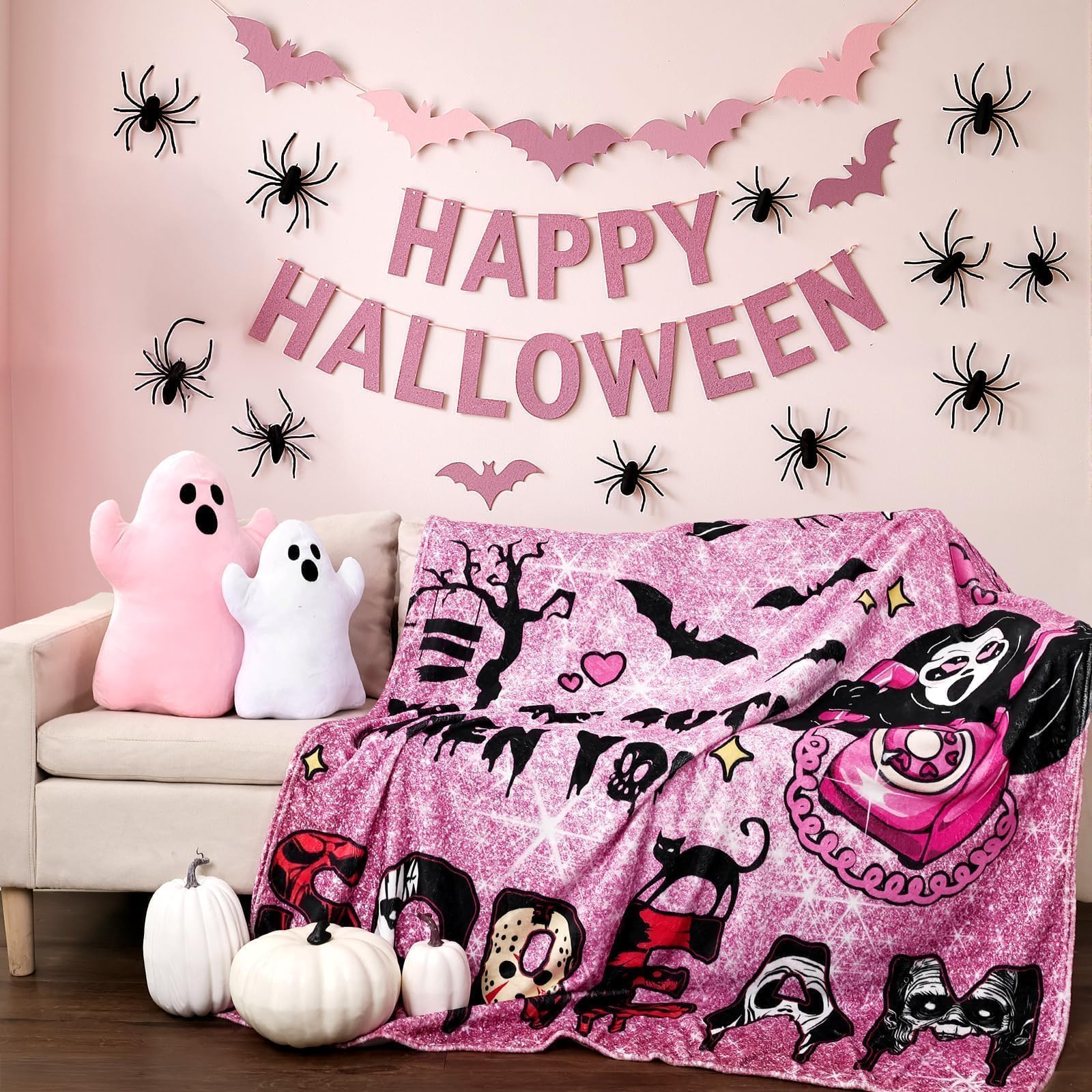 Halloween Pink Ghost Throw Blanket – 60"x60" Soft Flannel Horror Blanket for Couch, Bed & Travel