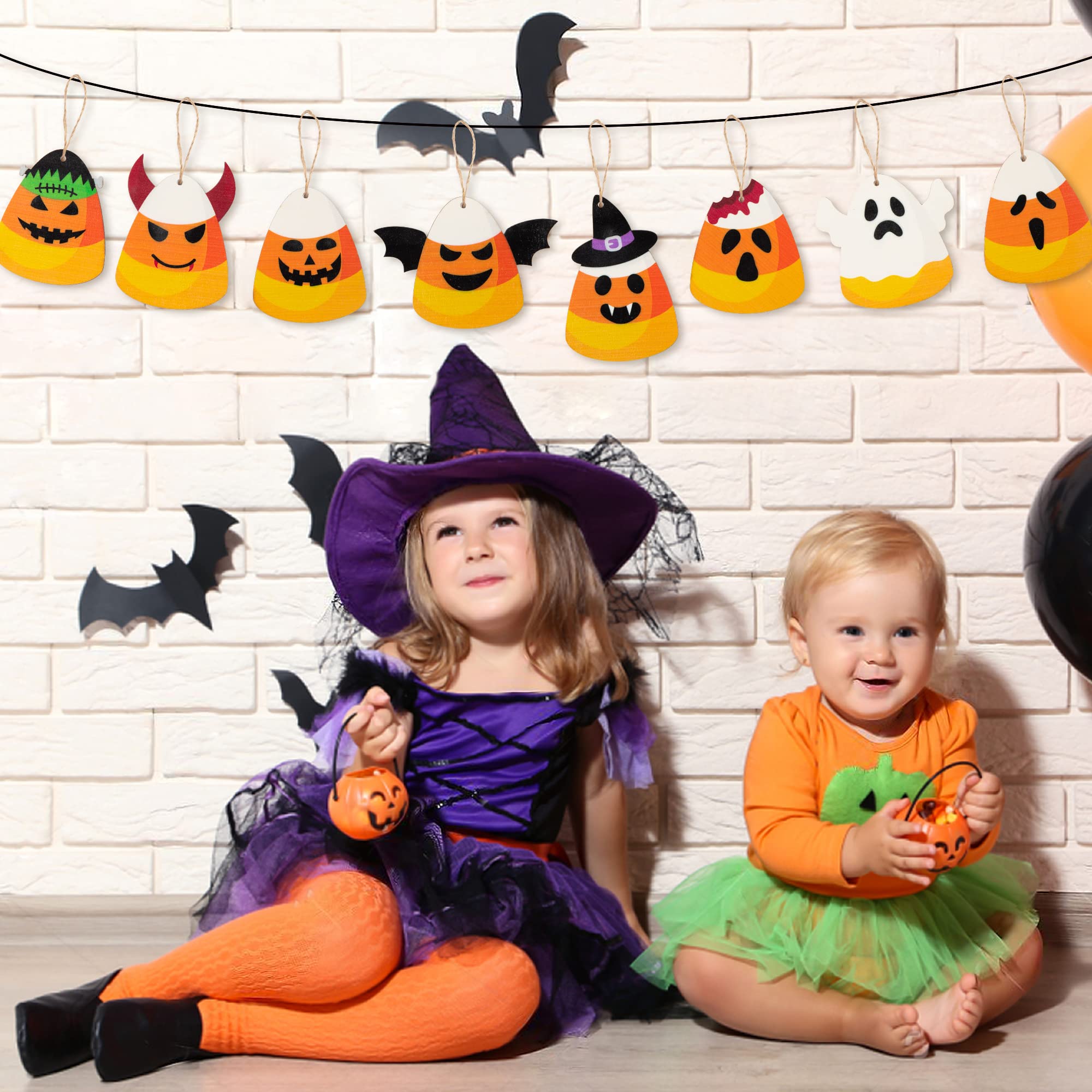 24PCS Halloween Candy Corn Wooden Ornaments – Cute Kawaii Candy Theme Hanging Decorations with Burlap Rope (8 Styles, Orange)