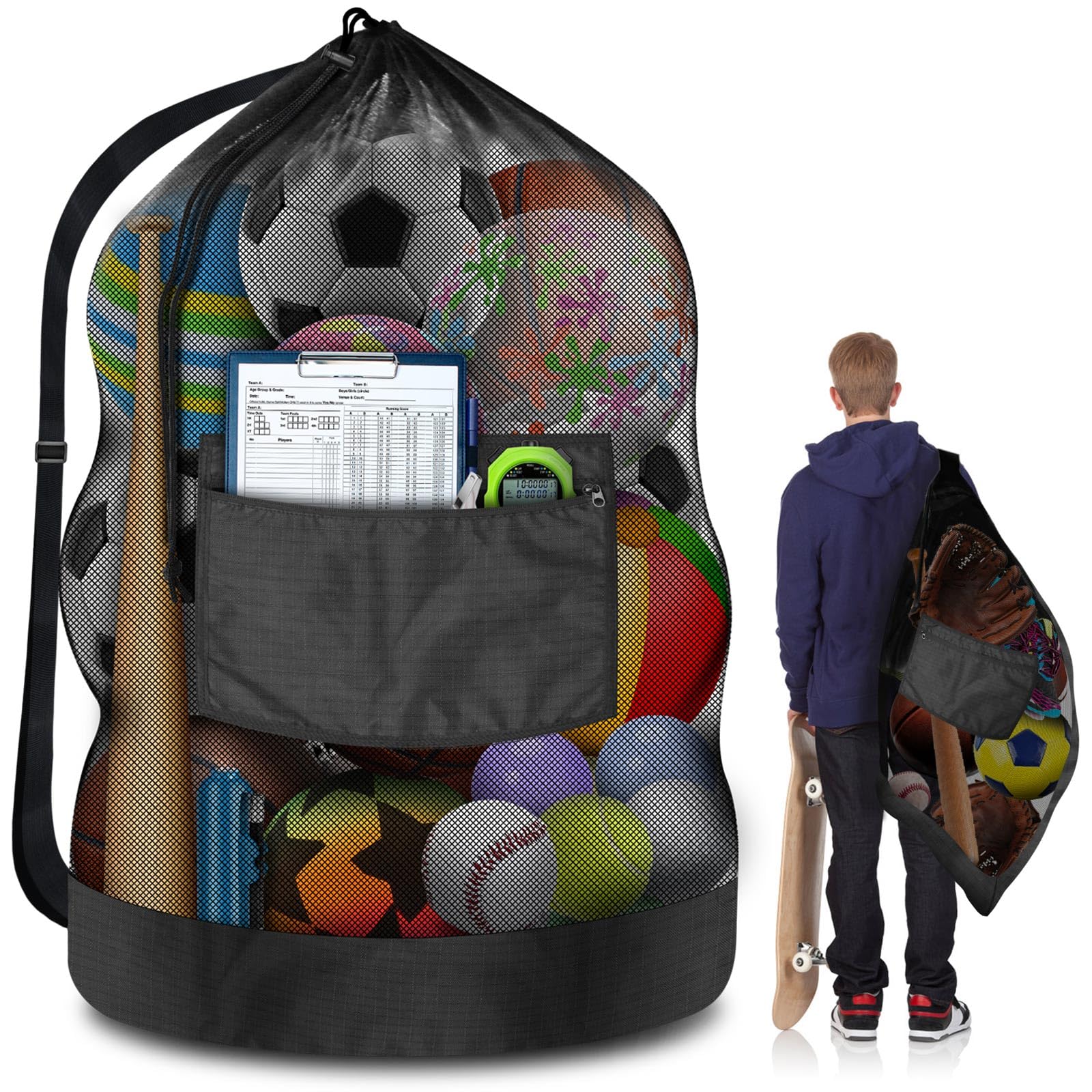 Heavy-Duty Mesh Soccer Ball Net Bag 100L – Large Capacity Drawstring Sports Equipment Storage with Zipper Pocket (Black)