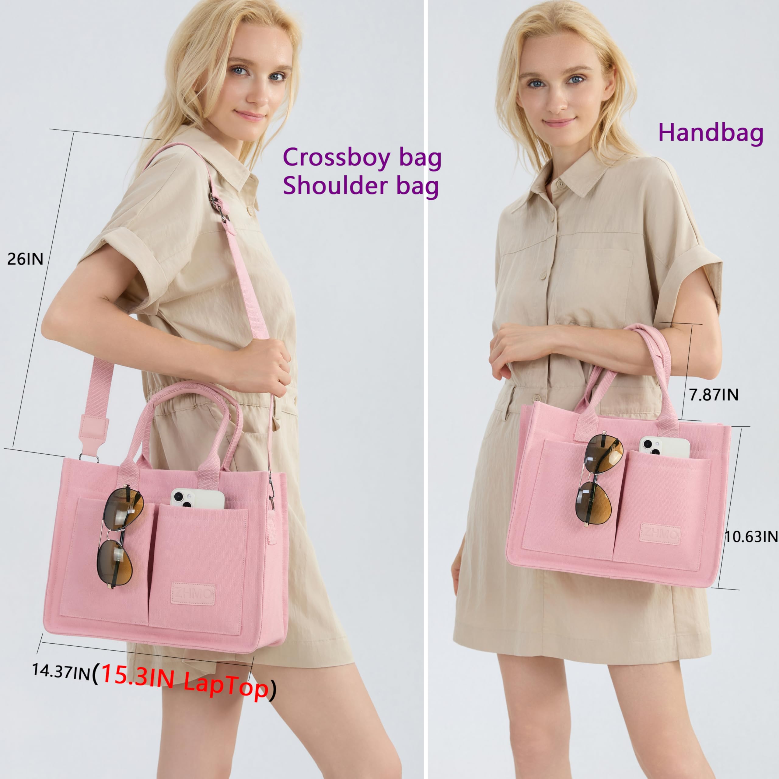 ZHMO Canvas Tote Bag for Women – Large Work & Travel Tote with Compartments, Laptop Shoulder & Crossbody Bag (Pink)