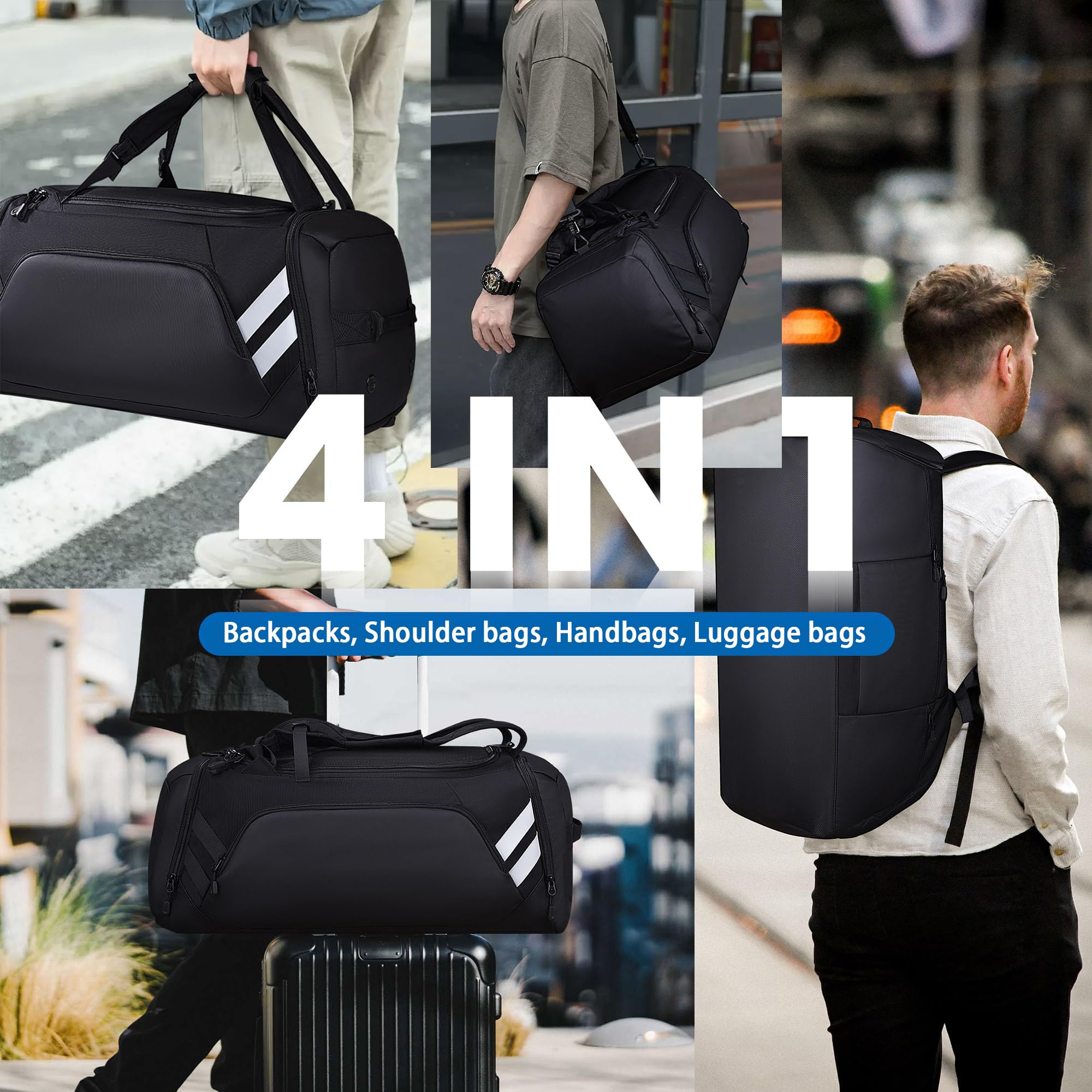 Wolfilist 58L Large Gym & Travel Duffle Bag with Shoe Compartment and Wet Pocket – Waterproof Sports Bag (Black)