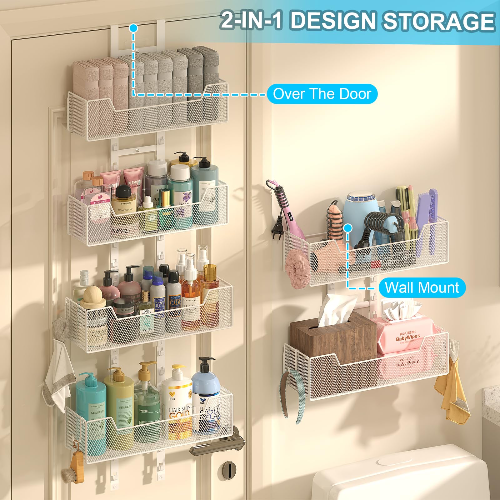 Hongtamoya Over-the-Door Metal Organizer – Adjustable 6-Basket Hanging Storage with Hooks for Home & Pantry (White)