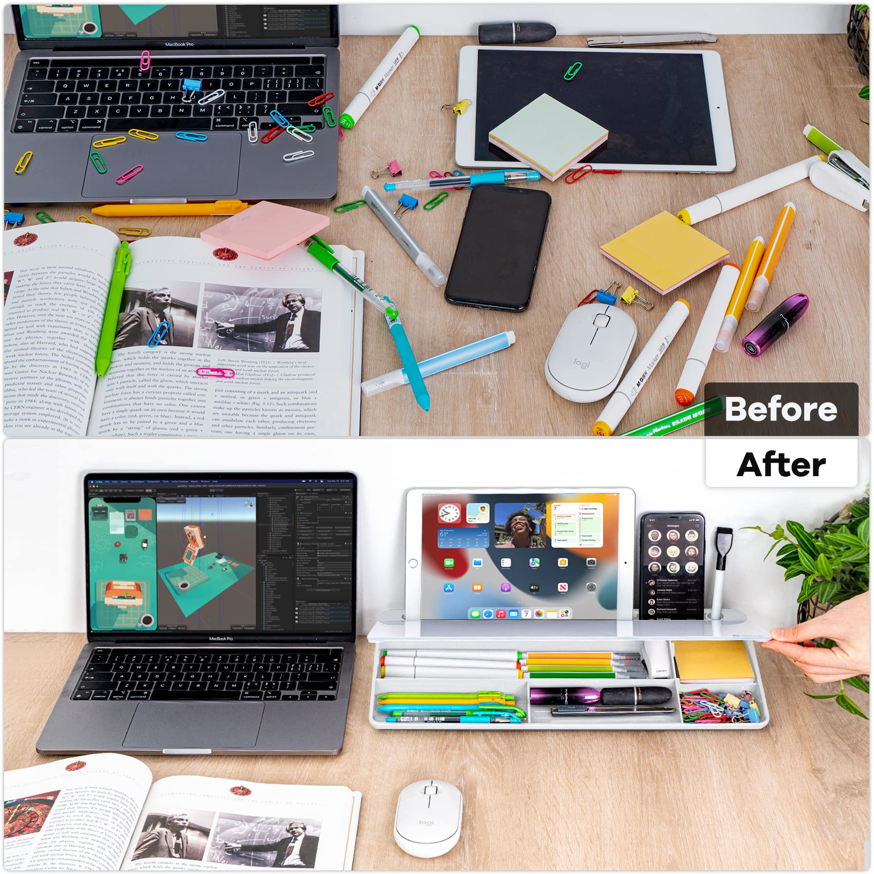 Varhomax Tempered Glass Desktop Whiteboard Organizer with Storage Compartments & Phone Holder for Office Productivity