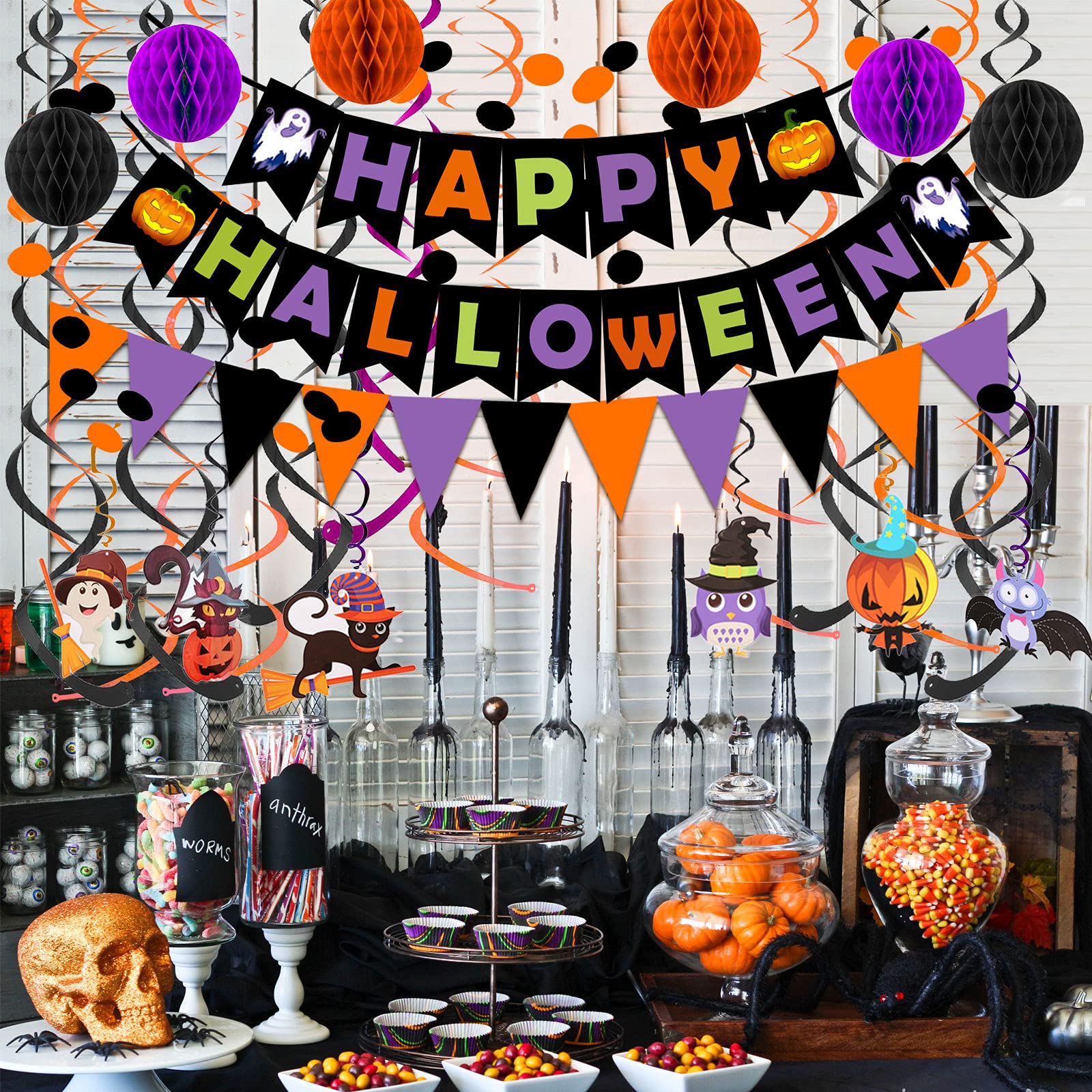 Halloween Party Decoration Set – Black, Orange & Purple Paper Banner Kit with Honeycomb Balls, Swirls & Garland