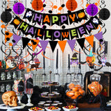 Halloween Party Decoration Set – Black, Orange & Purple Paper Banner Kit with Honeycomb Balls, Swirls & Garland